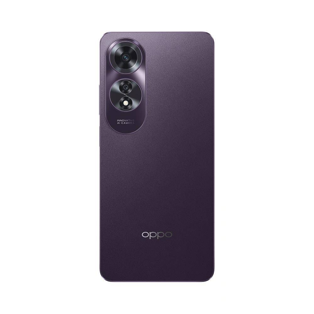 Mor bir Oppo telefonun arkası, kamera lenslerini ve marka logosunu sergiliyor. Telefon mat bir yüzeye sahip.