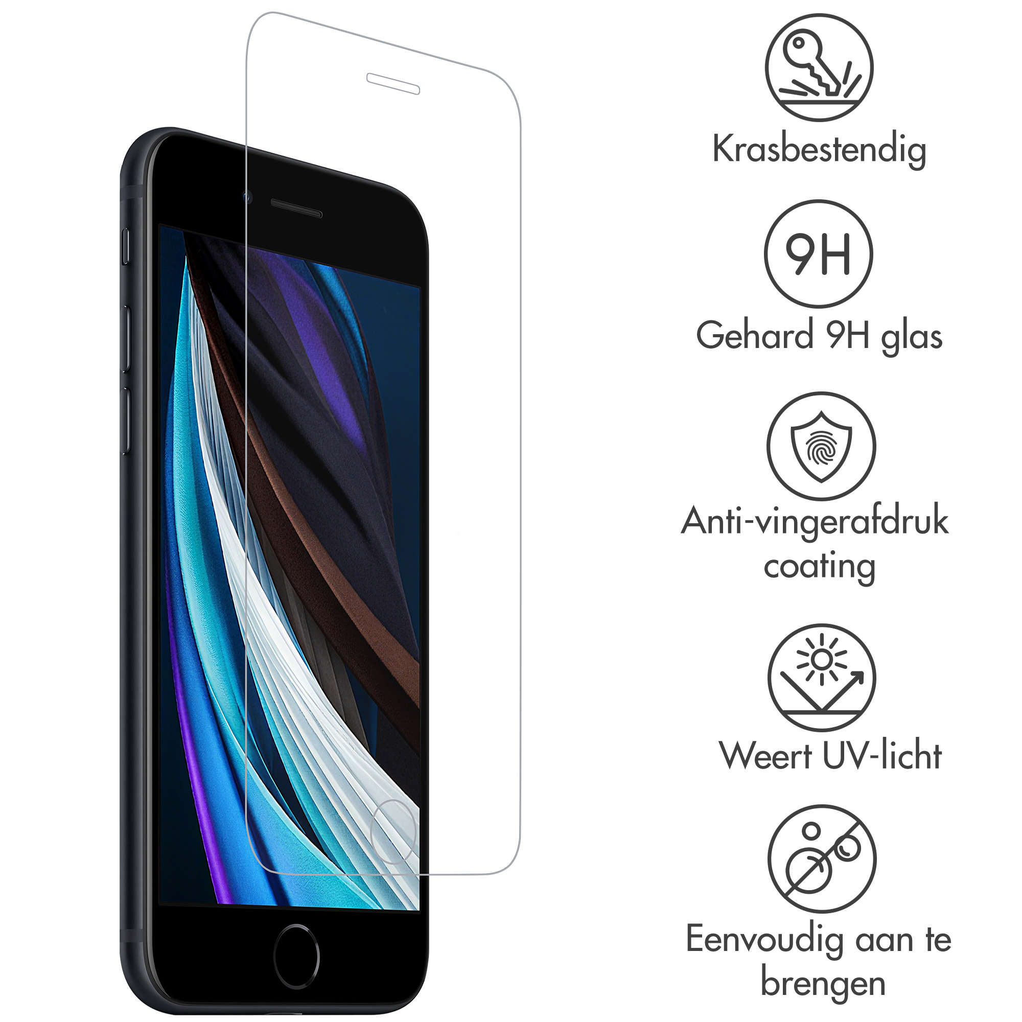 A smartphone with a screen protector. Icons show scratch resistance, 9H glass, anti-fingerprint, UV protection, and easy application.