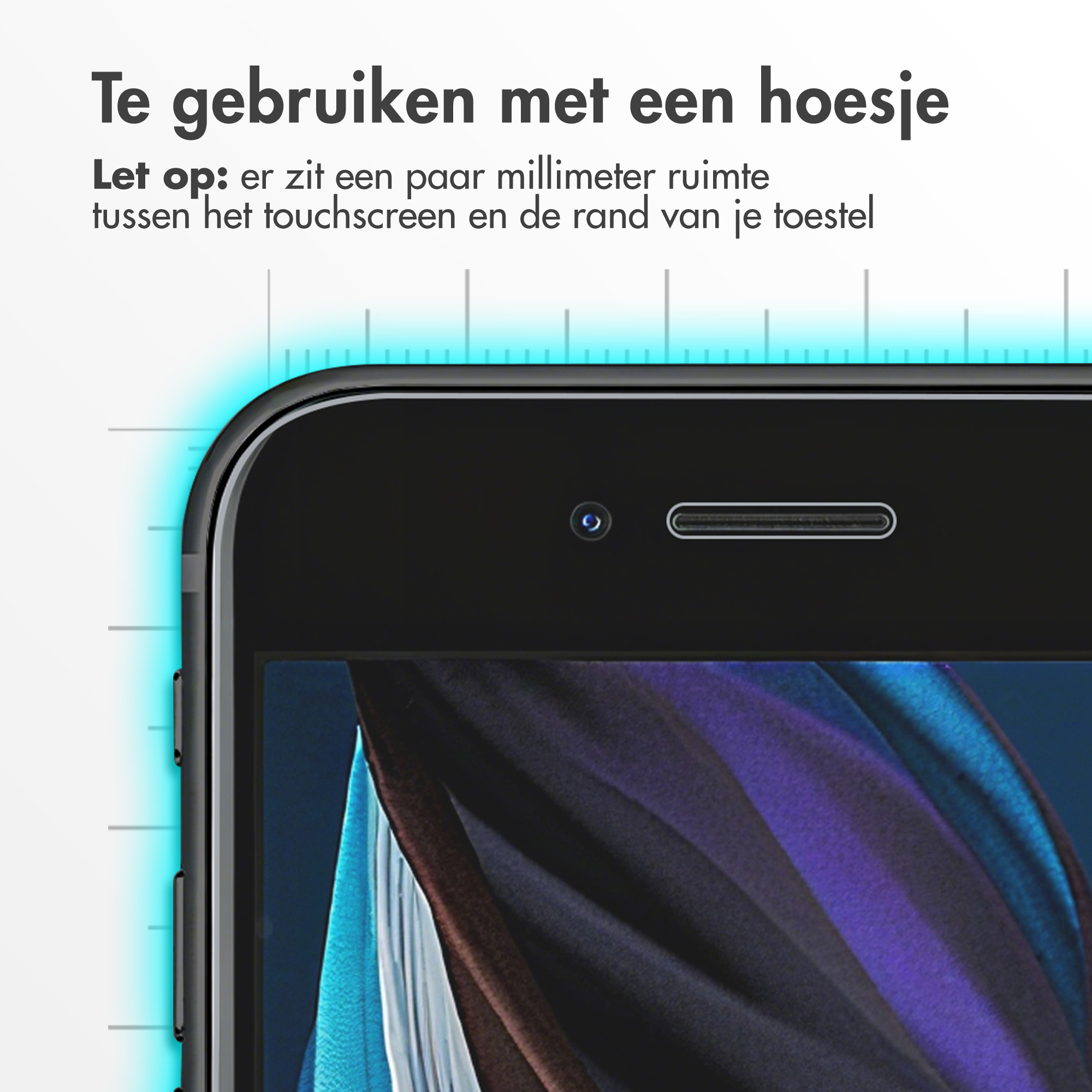 Close-up of a phone's screen. Text at top says 'To use with a case.' Phone has a front camera and speaker.