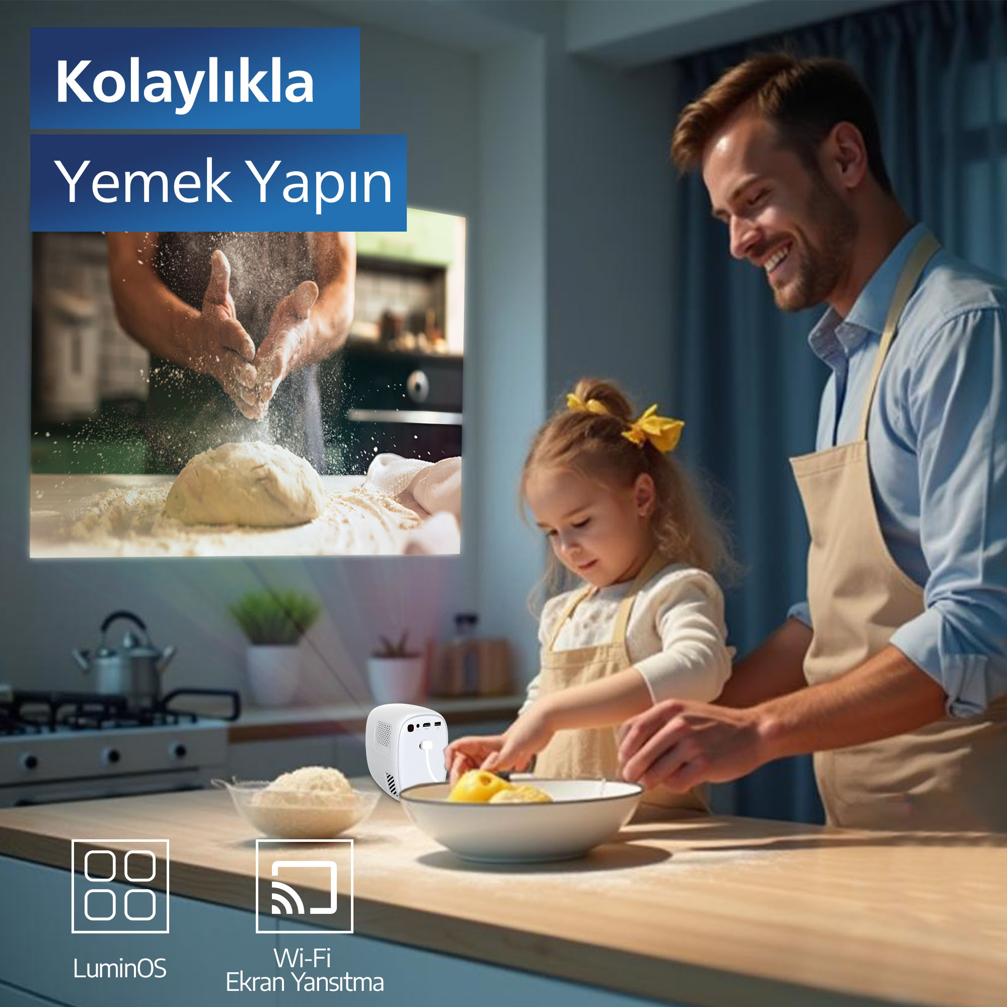 Bir adam ve bir kız birlikte yemek pişiriyor. Un serpilmiş. Metin katmanlı mutfak sahnesi.