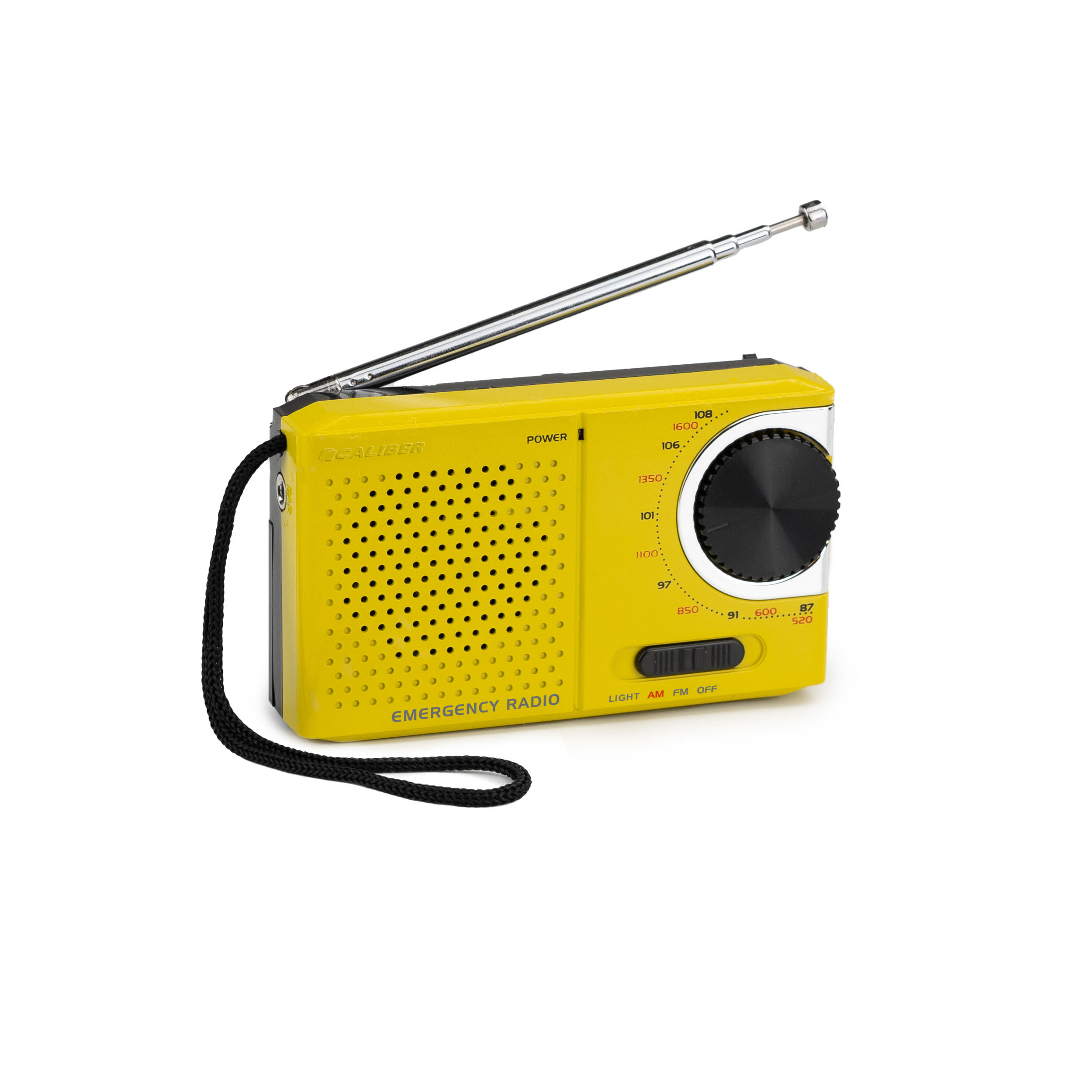 A yellow emergency radio with a black cord and antenna. It has a dial and buttons.