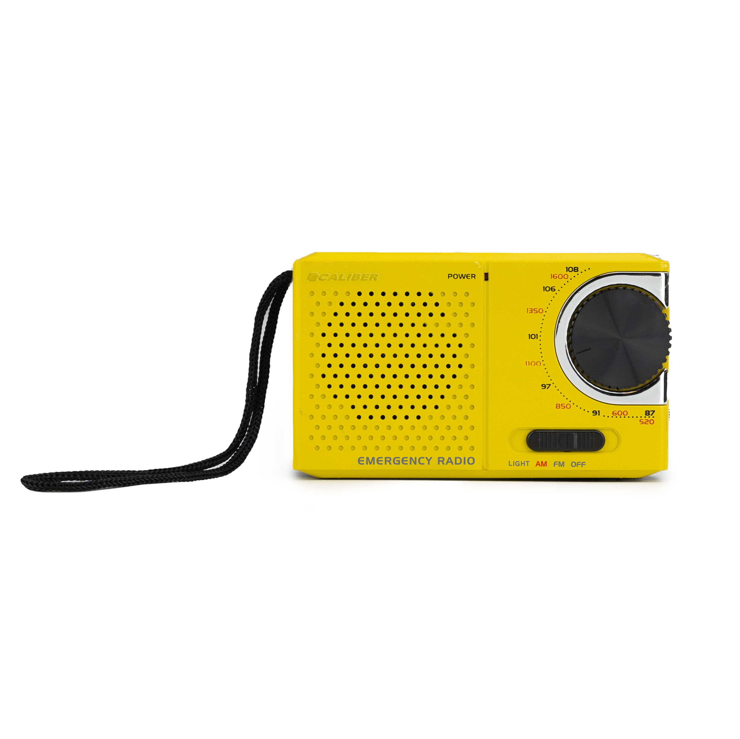 A yellow emergency radio with a black strap. It has a tuning dial and buttons for light, AM, FM, and off.