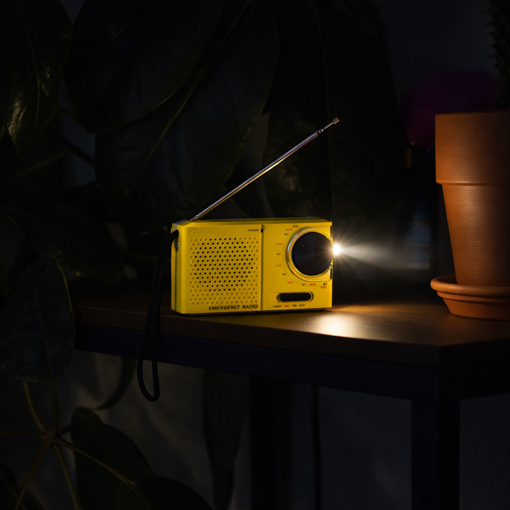 A yellow emergency radio emits light. It sits on a shelf with a plant and pot in the background. Dark leaves surround the radio.