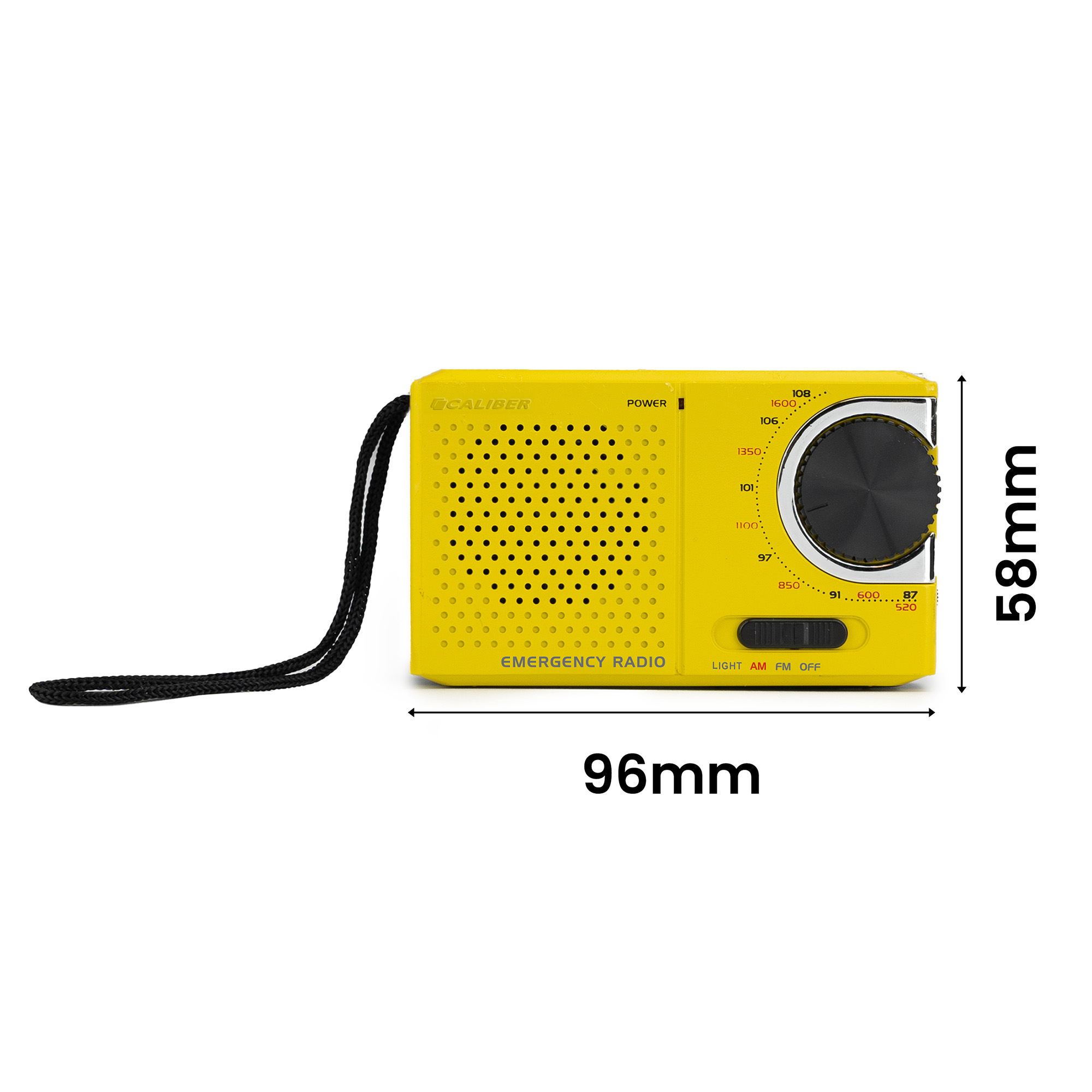 A yellow Caliber emergency radio with a black strap, dimensions 96x58mm. It has a tuning dial and frequency indicators.