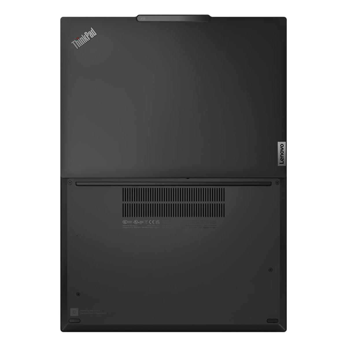 Czarny laptop Lenovo ThinkPad, widok z góry. Widoczne logo ThinkPad. Logo Lenovo znajduje się po prawej stronie.