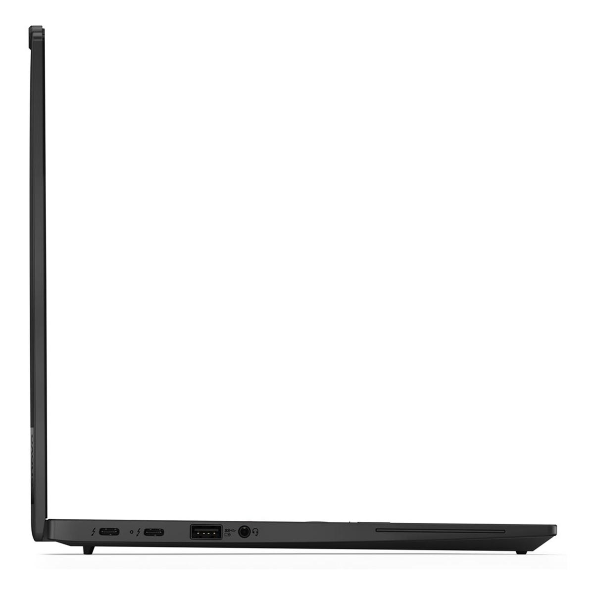 Widok z boku czarnego laptopa. Porty obejmują USB, gniazdo słuchawkowe i ładowanie. Ekran jest zamknięty.
