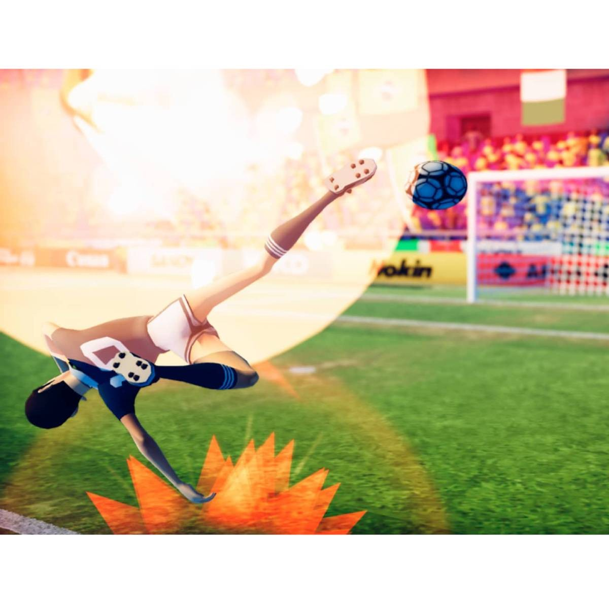 Ein Fußballspieler schießt den Ball in der Luft. Die Szene ist ein Stadion mit grünem Rasen, einem Tor und Fans. Der Spieler trägt eine blau-weiße Uniform.