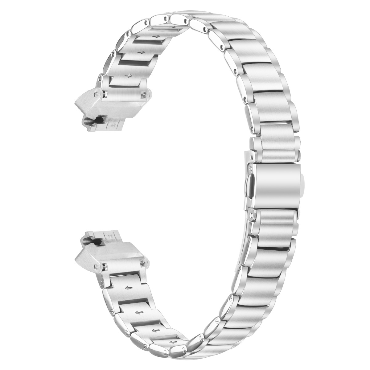 Gezeigt wird ein silbernes Metalluhrenarmband. Es ist C-förmig gebogen. Das Band besteht aus verbundenen rechteckigen Gliedern. Der Hintergrund ist weiß.