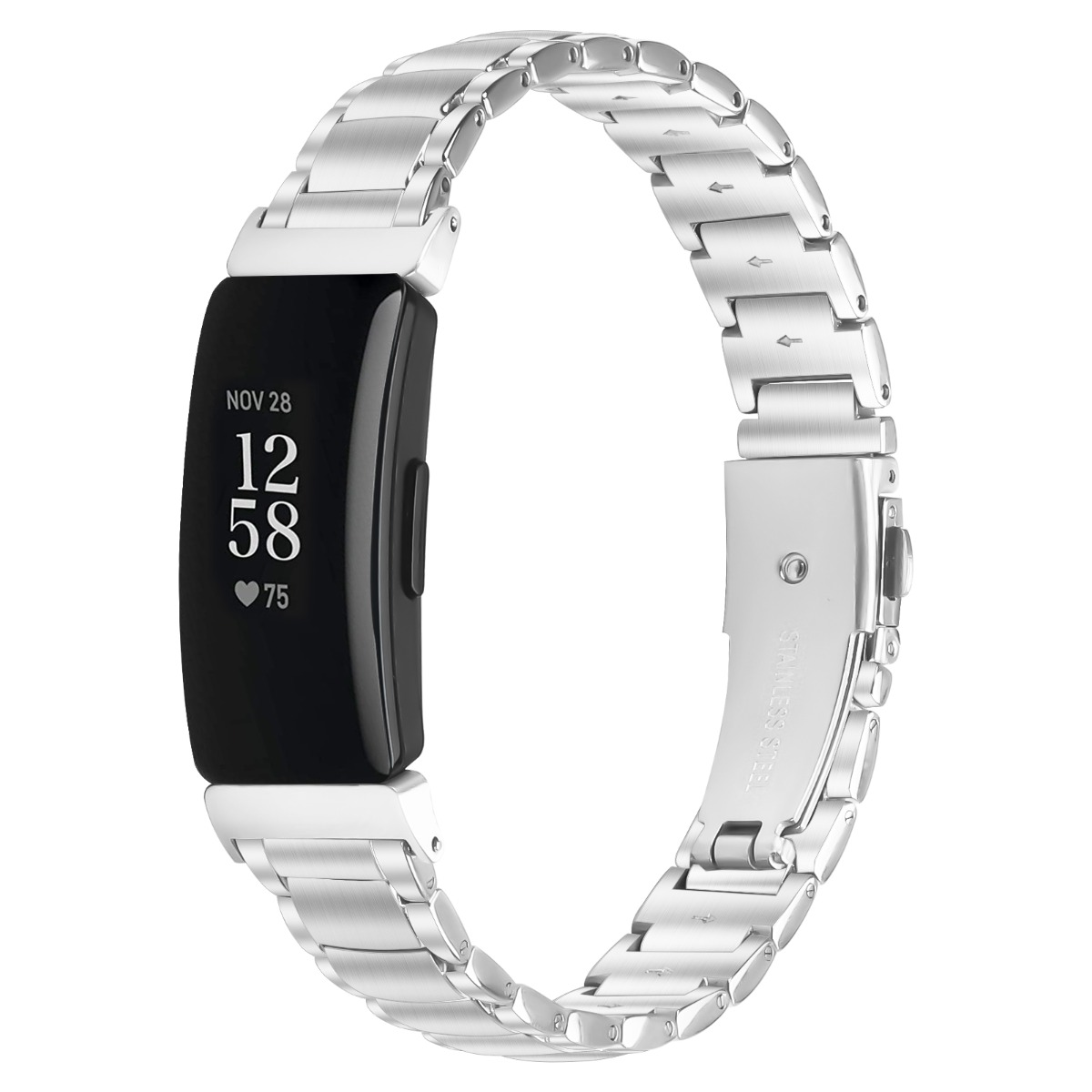 Ein silbernes Uhrenarmband mit schwarzem Bildschirm, der Datum, Uhrzeit und Herzfrequenz anzeigt. Es ist aus Edelstahl gefertigt.
