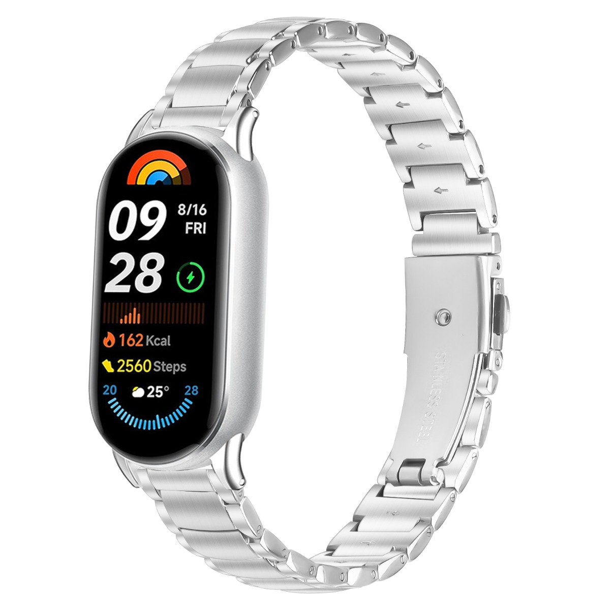 Eine silberne Smartwatch mit digitaler Anzeige, die Zeit, Datum und Gesundheitsmetriken anzeigt, mit einem Edelstahlarmband.