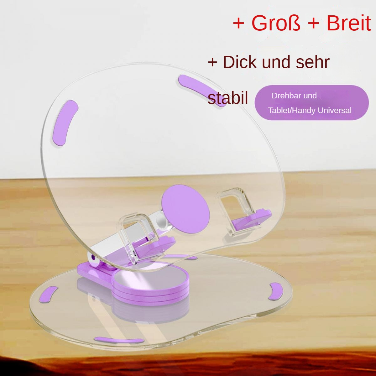 Ein klarer Tablet-Ständer mit lila Akzenten. Text auf Deutsch lautet 'Groß, Breit, Dick und Stabil'. Enthält 'Tablet/Handy Universal'.