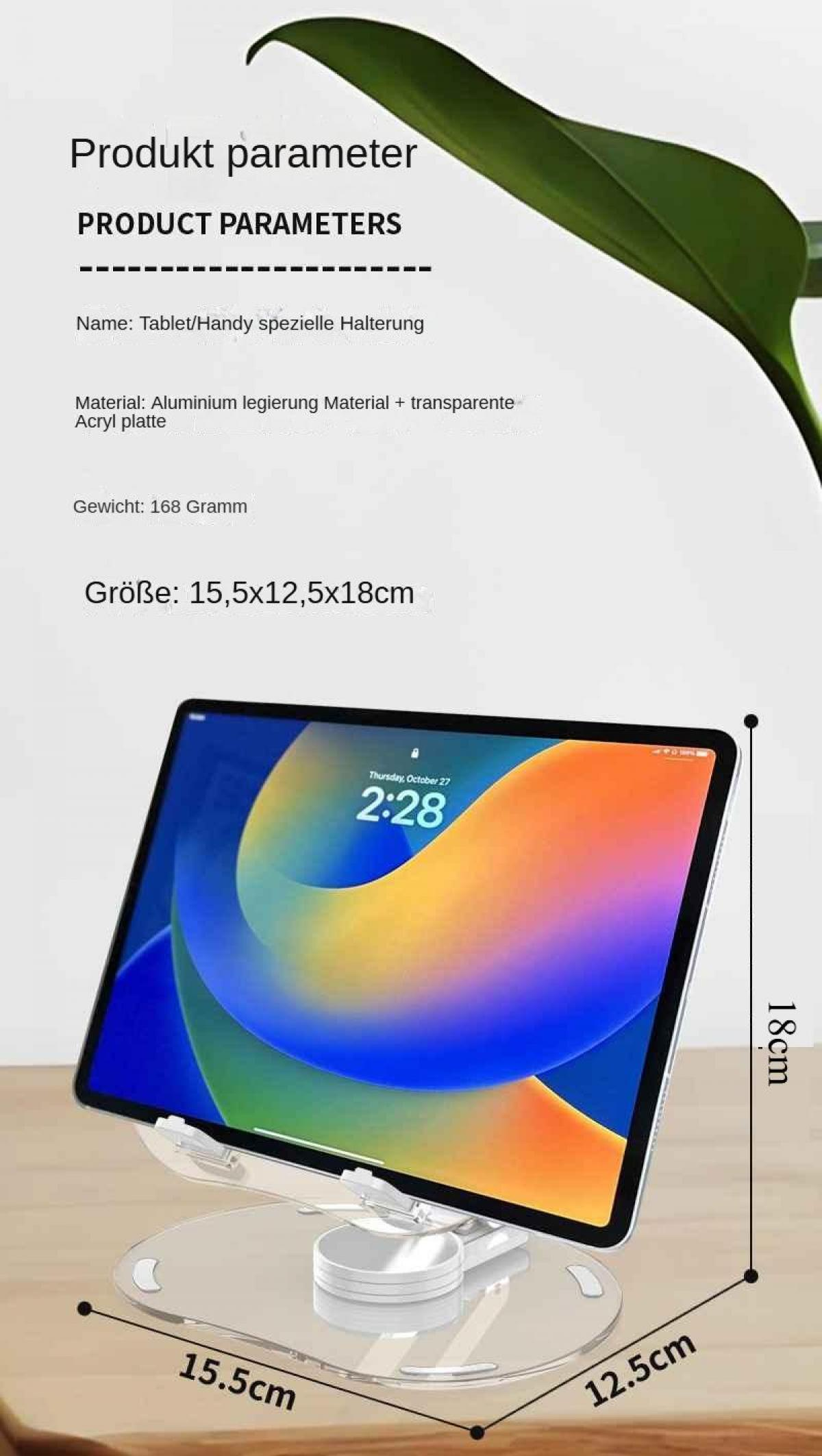 Tablet auf Ständer, Anzeige zeigt 2:28 Uhr. Ständer ist transparent mit angegebenen Abmessungen. Blatt im Hintergrund.