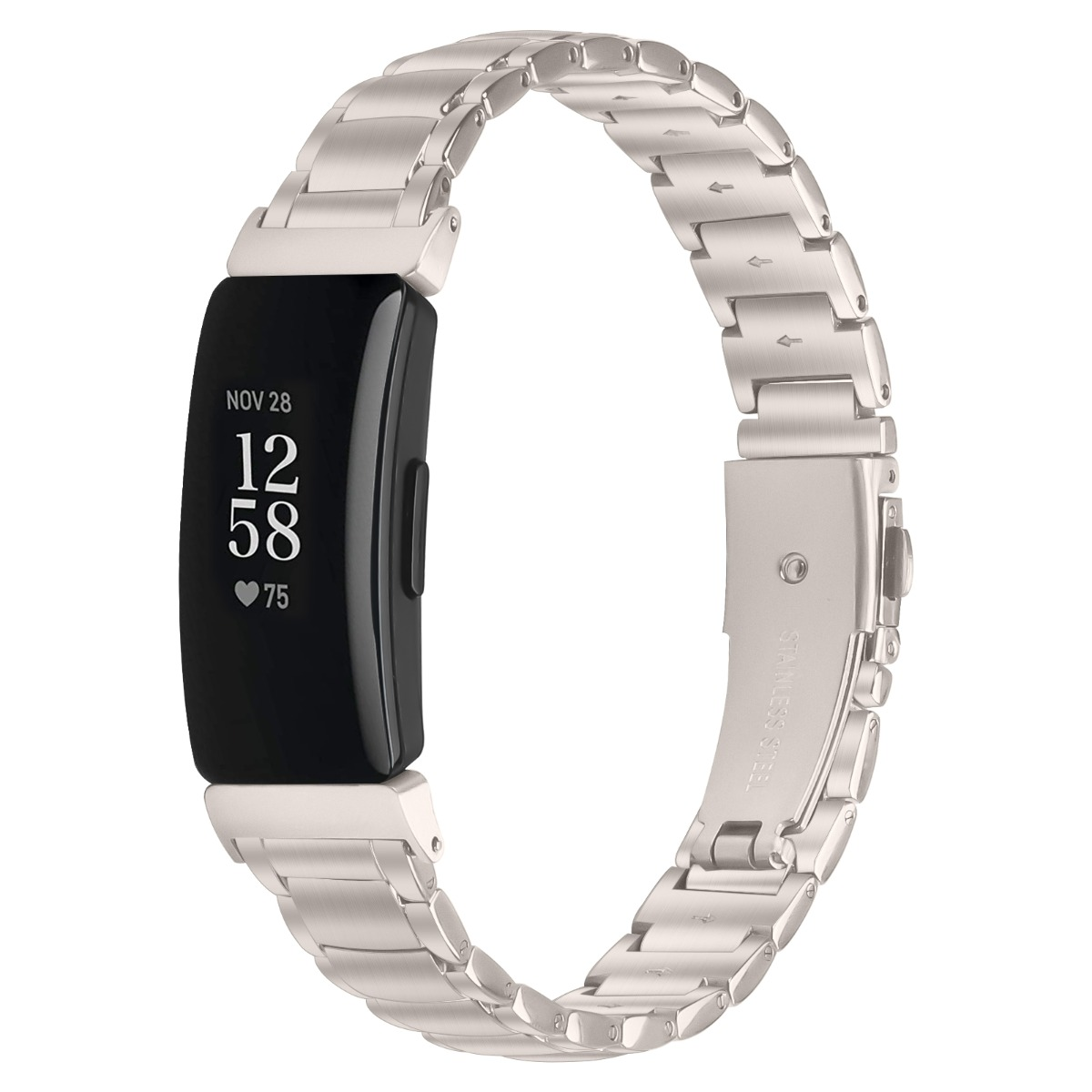 Ein silbernes Smartwatch-Armband mit schwarzem Bildschirm, der Zeit und Herzfrequenz anzeigt. Das Armband besteht aus Metallgliedern.