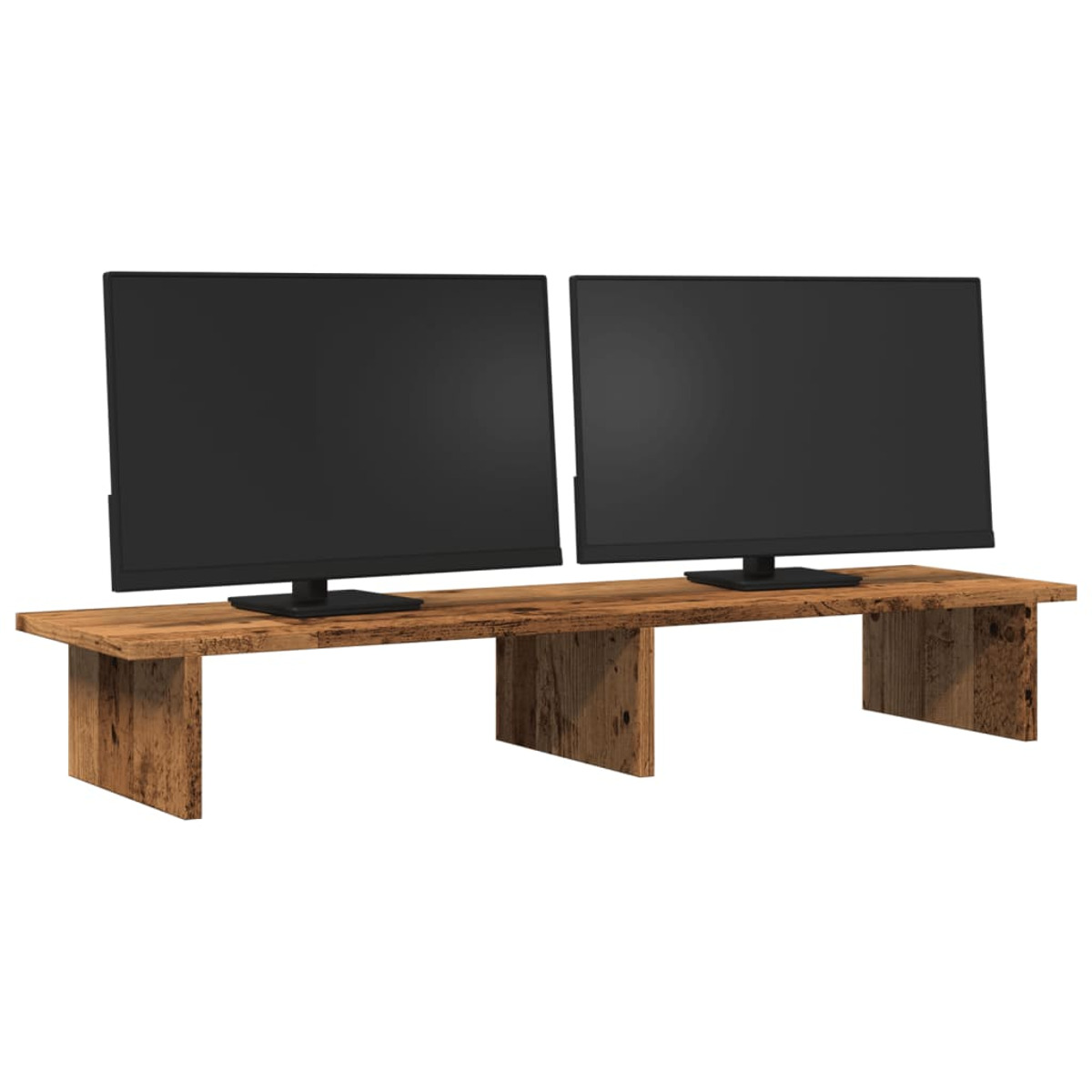 Zwei schwarze Computermonitore auf einem hölzernen Schreibtisch. Der Schreibtisch hat eine braune Holzoberfläche und Beine, alles vor weißem Hintergrund.