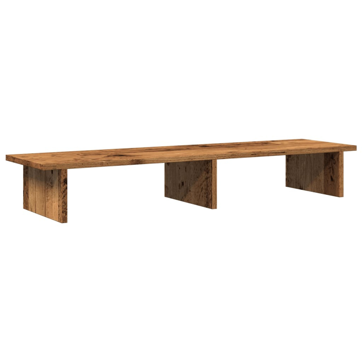 Ein langer, rechteckiger Holztisch mit drei Stützbeinen. Der Tisch hat eine natürliche Holzmaserung vor weißem Hintergrund.