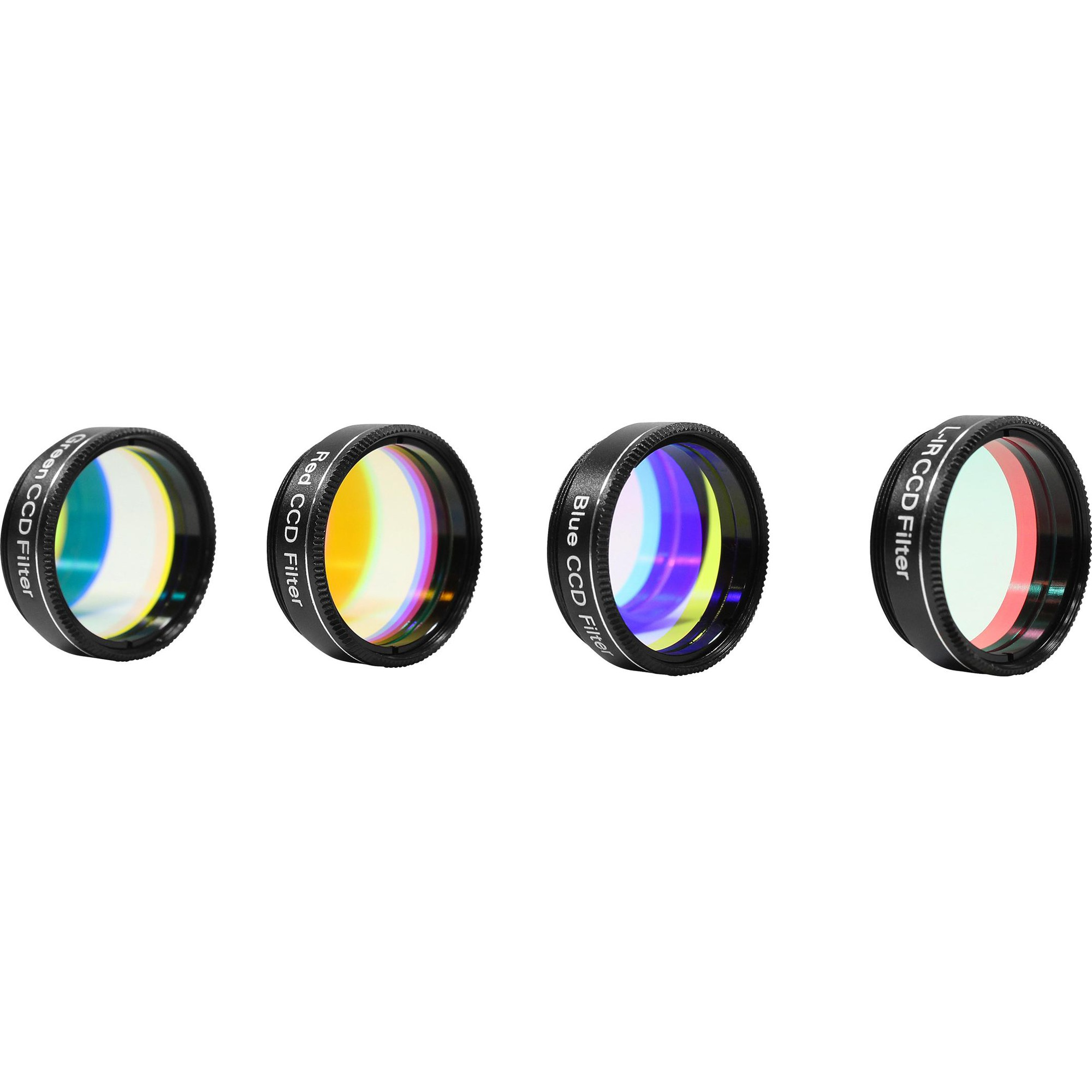 Vier schwarz umrandete Filter mit den Aufschriften Grün, Rot, Blau und L-R CCD-Filter, jeweils mit farbigem Glas.