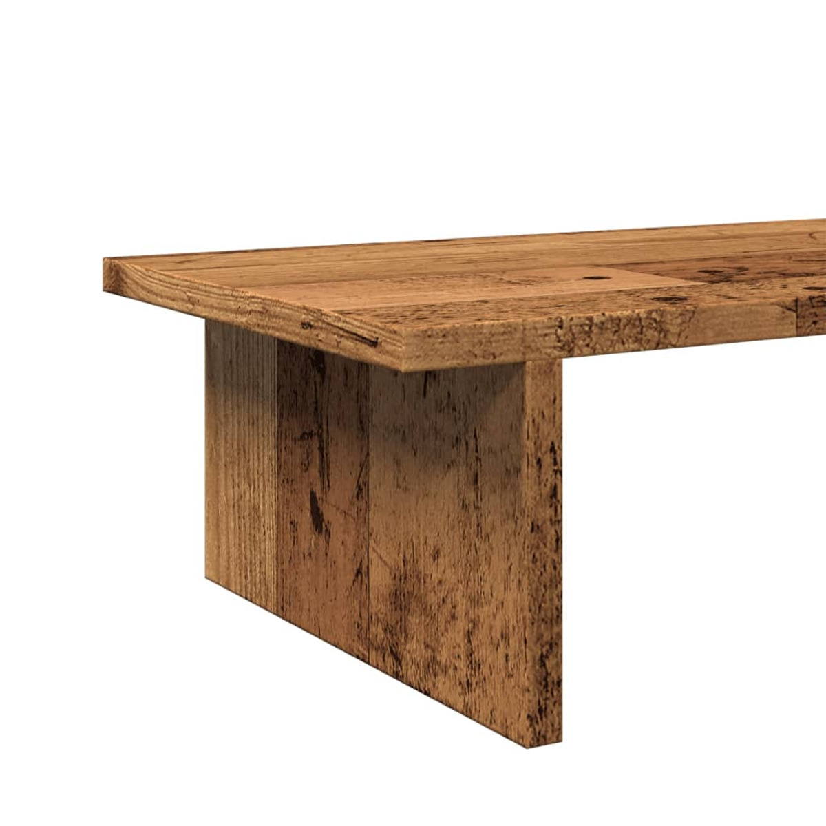 Holztisch mit brauner Oberfläche und solidem Unterbau. Der Hintergrund ist weiß.