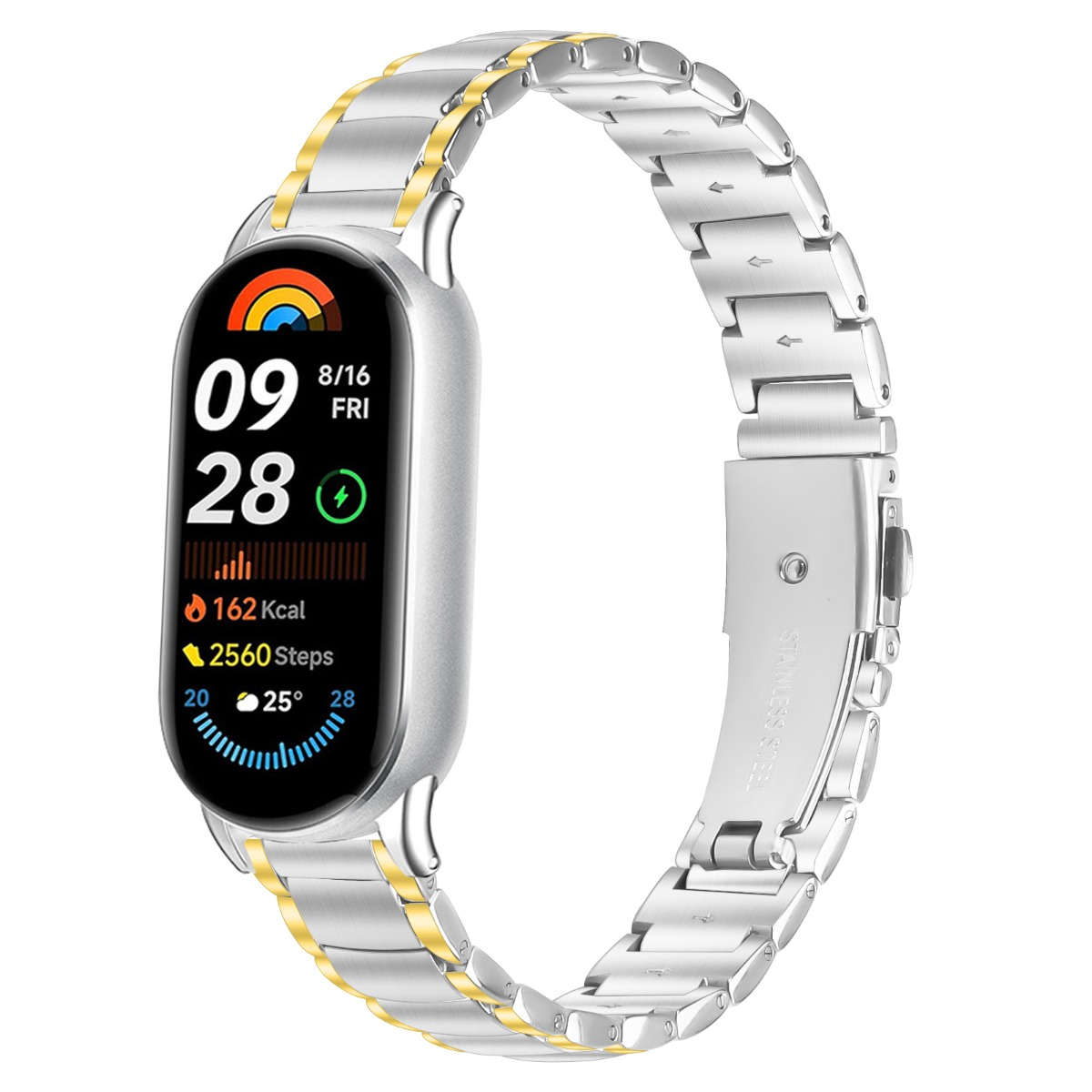 Eine silberne Smartwatch mit schwarzem Display, das Zeit und Gesundheitsdaten anzeigt. Das Armband ist silberfarben mit goldenen Akzenten.