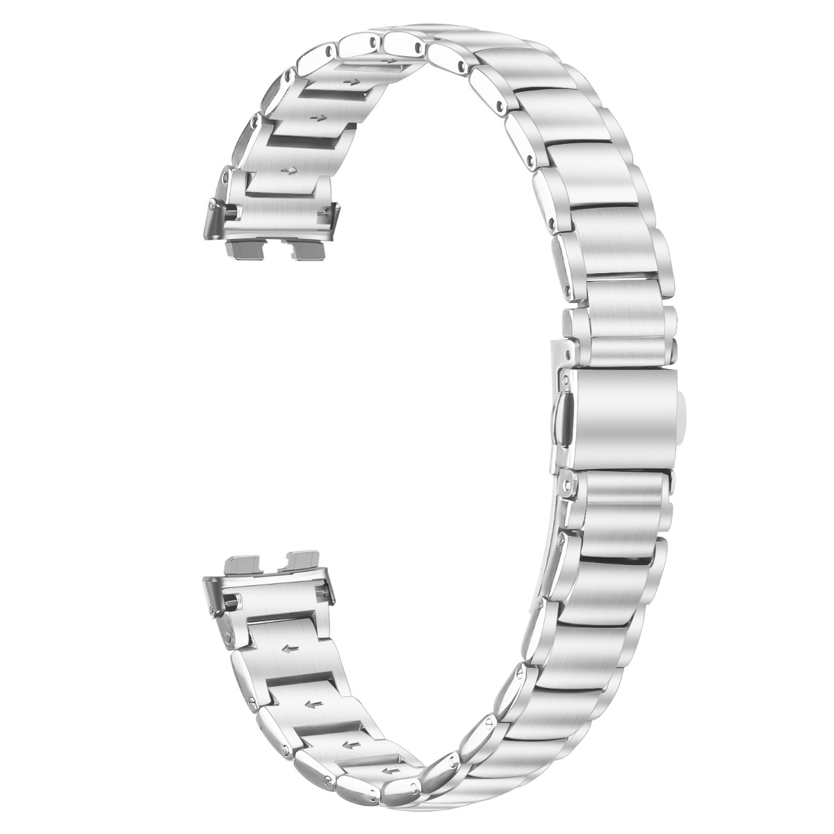 Ein gebogenes, silberfarbenes Uhrenarmband liegt vor weißem Hintergrund. Es besteht aus verbundenen rechteckigen Gliedern und hat zwei Verschlüsse.