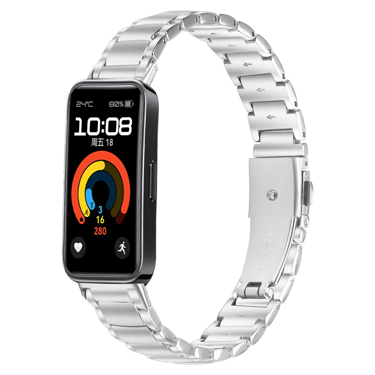 Eine silberne Smartwatch zeigt Zeit und Fitnessdaten mit einem Metallband an. Der Bildschirm zeigt Uhrzeit, Datum und Aktivitätsstatistiken.