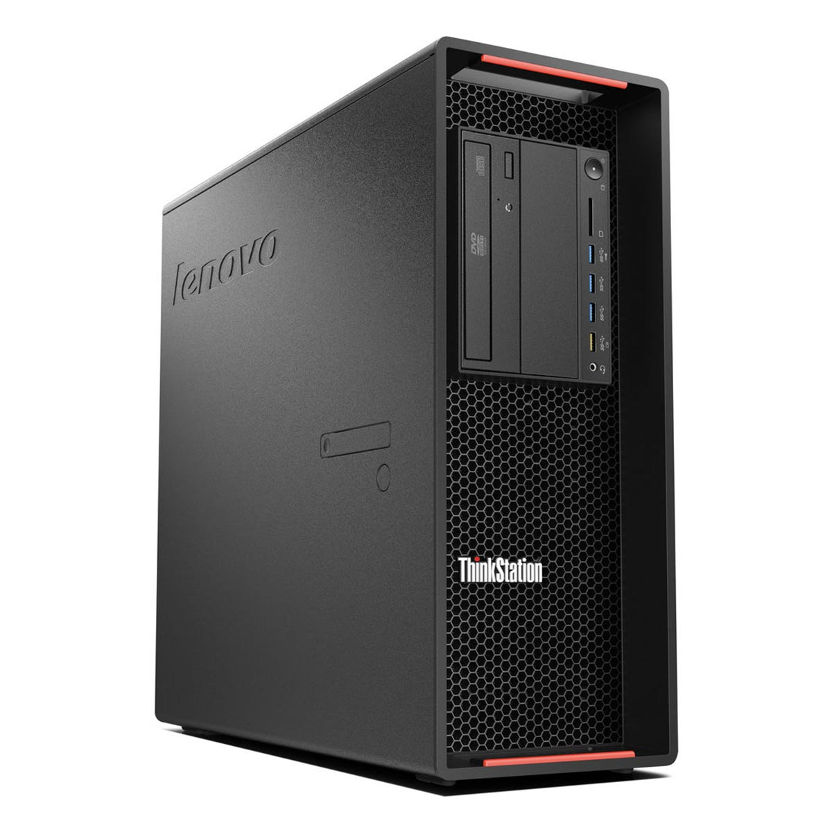 Czarna obudowa komputera Lenovo ThinkStation. Posiada napęd DVD, porty z przodu i logo ThinkStation.