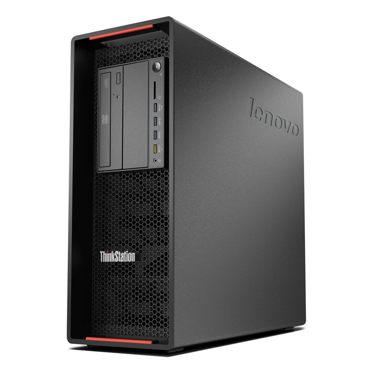 Czarna obudowa komputera Lenovo ThinkStation. Posiada napęd DVD, porty z przodu i widoczne logo Lenovo.