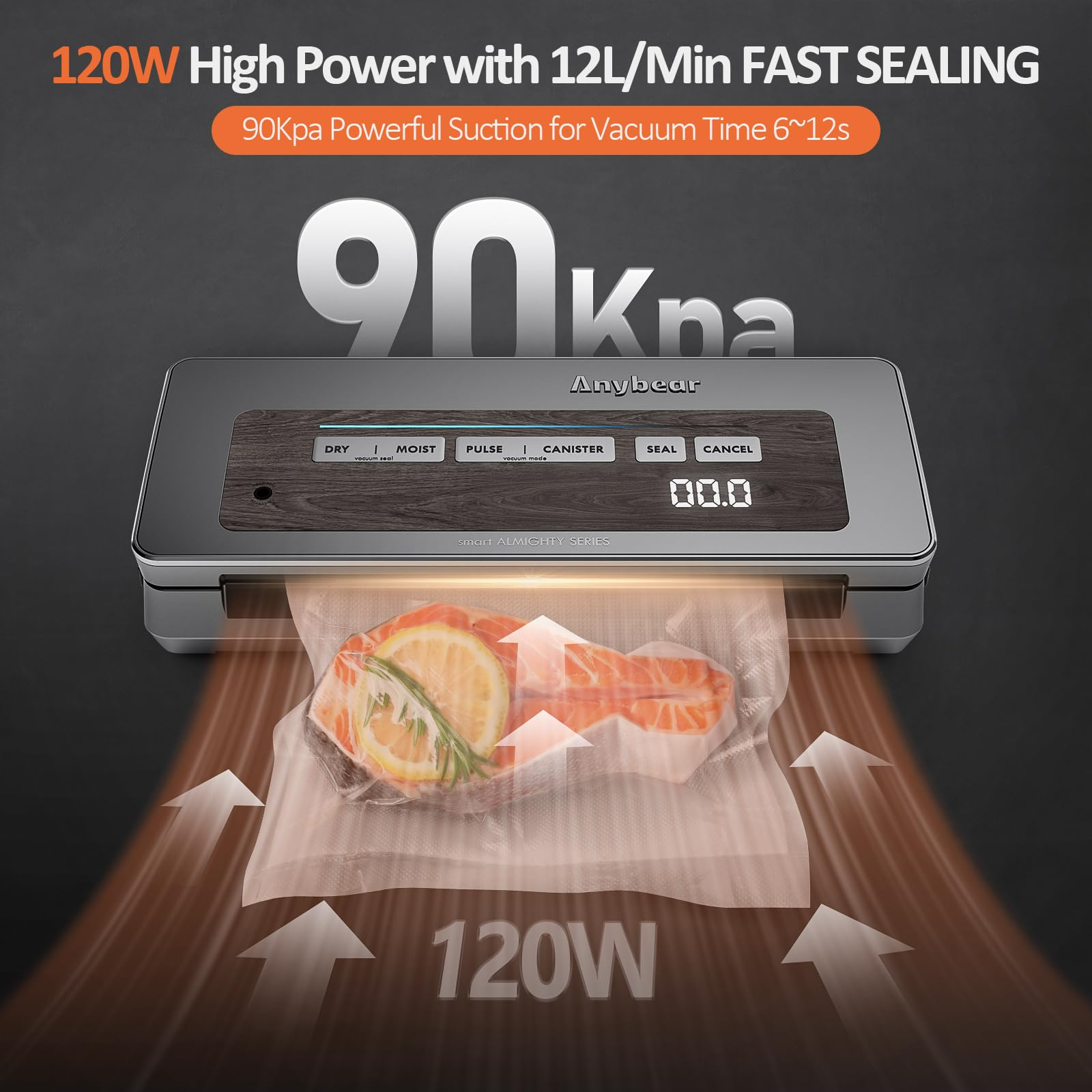Vakuumiergerät mit Lachs und Zitronenscheiben. Pfeile zeigen den Siegelvorgang. Text: 120W, 90Kpa, Anybear.