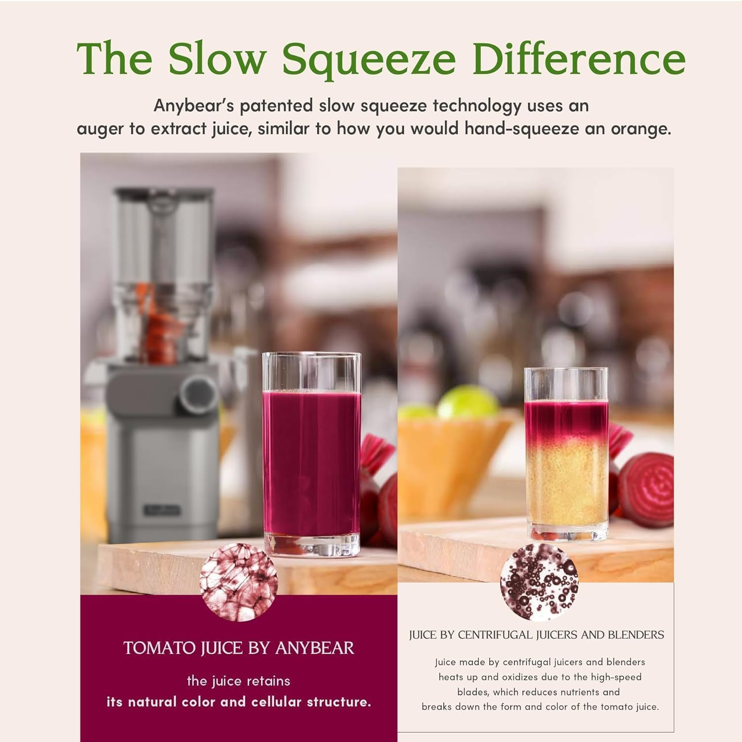 Das Bild zeigt zwei Gläser Saft. Das linke Glas hat roten Saft, das rechte hat geschichteten Saft. Text vergleicht Anybear Slow Squeeze mit Zentrifugalentsaftern.