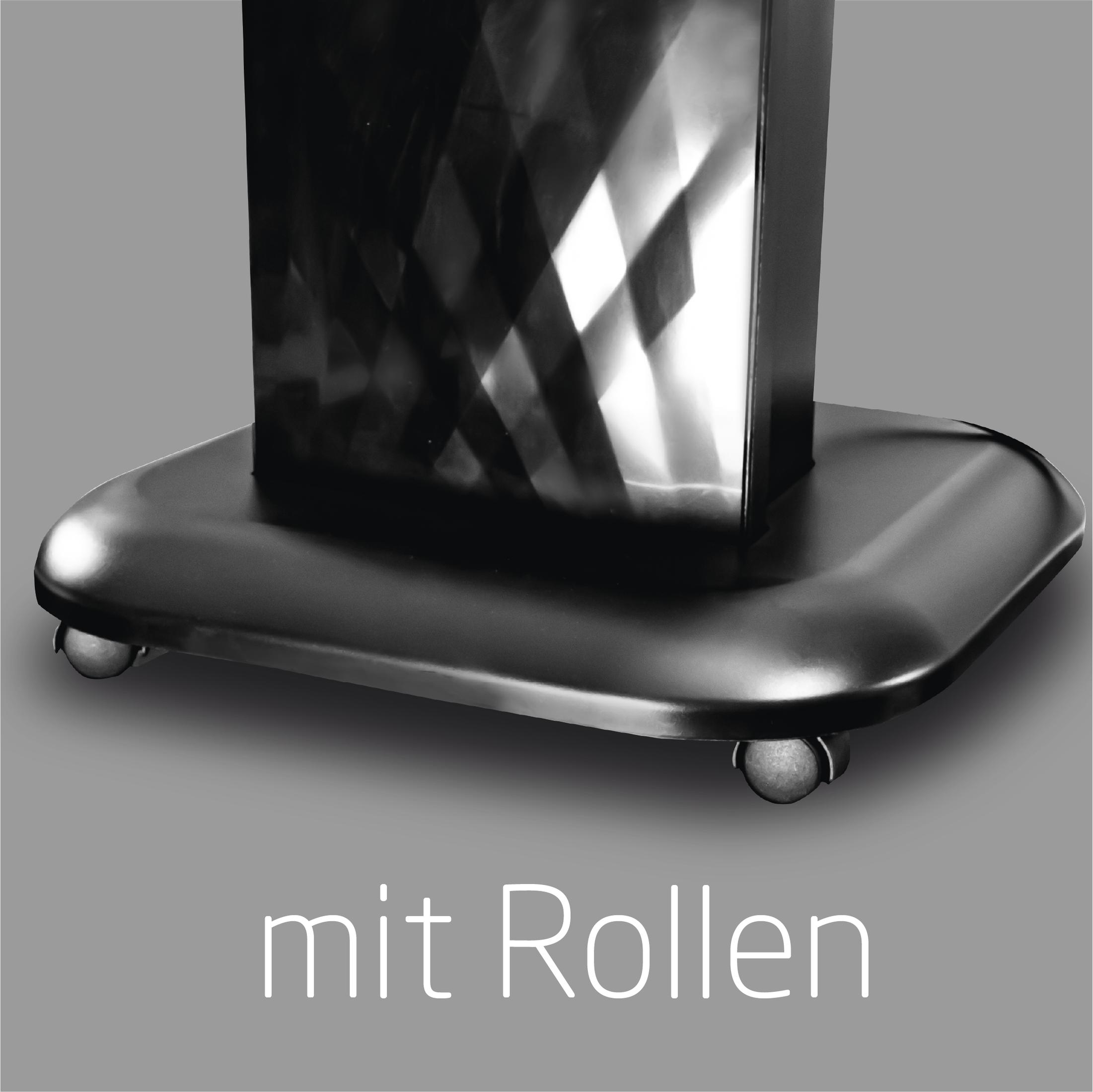 Ein schwarzes, glänzendes Objekt mit strukturierter Vorderseite auf einer rollenden Basis mit weißem Schriftzug.