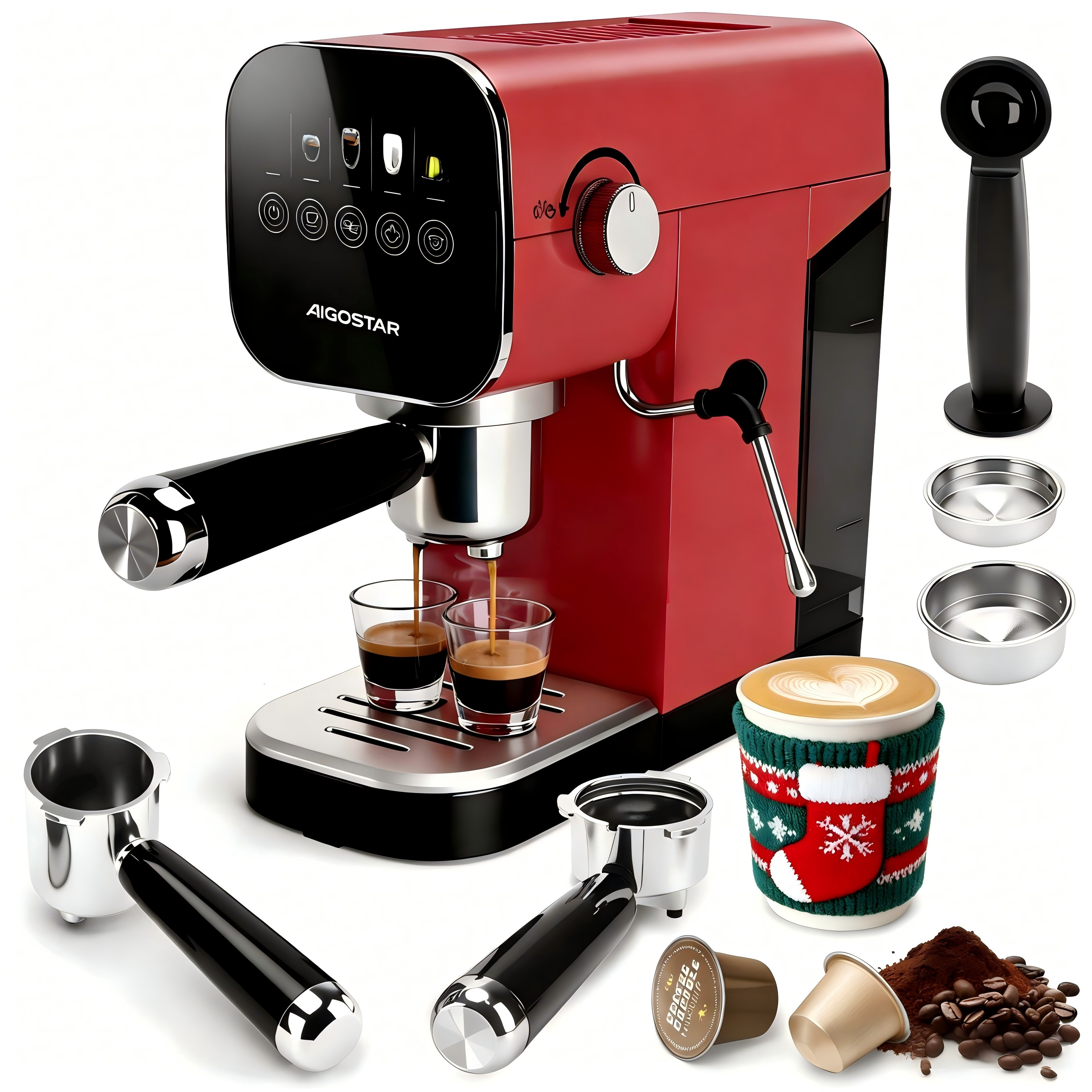 Rote Espressomaschine mit Zubehör, Kaffee gießt in Gläser. Tasse mit Herzmuster und Kaffeebohnen.