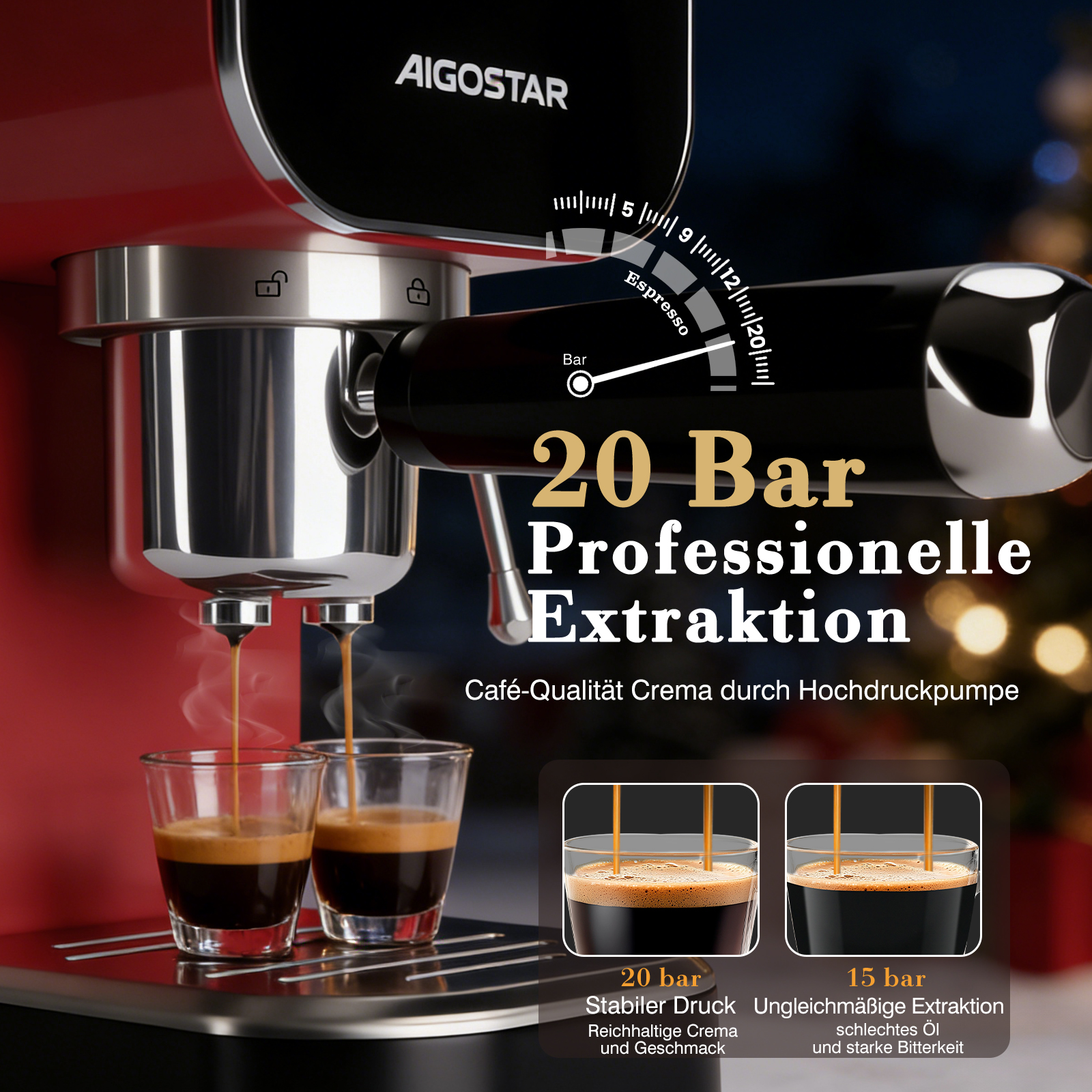 Eine rote Espressomaschine gießt Kaffee in zwei Gläser. Text: 20 Bar Professionelle Extraktion. AIGOSTAR Logo.