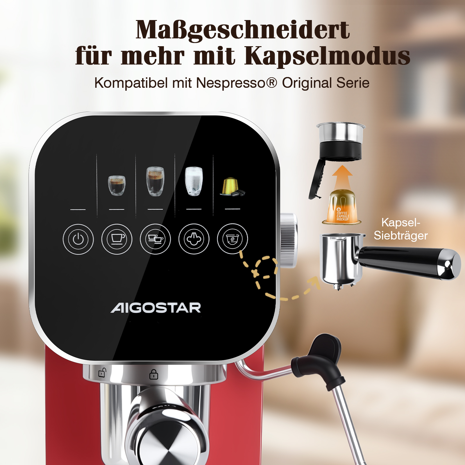 Rote und schwarze Espressomaschine mit schwarzem Bedienfeld. Das Bild zeigt einen Kaffee-Kapsel-Mock-up.