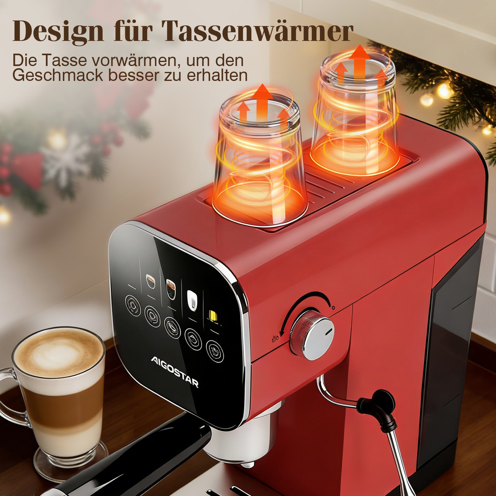 Eine rote Kaffeemaschine mit Gläsern, die oben erhitzt werden. Links ist ein Latte. Die Marke ist AIGOSTAR.