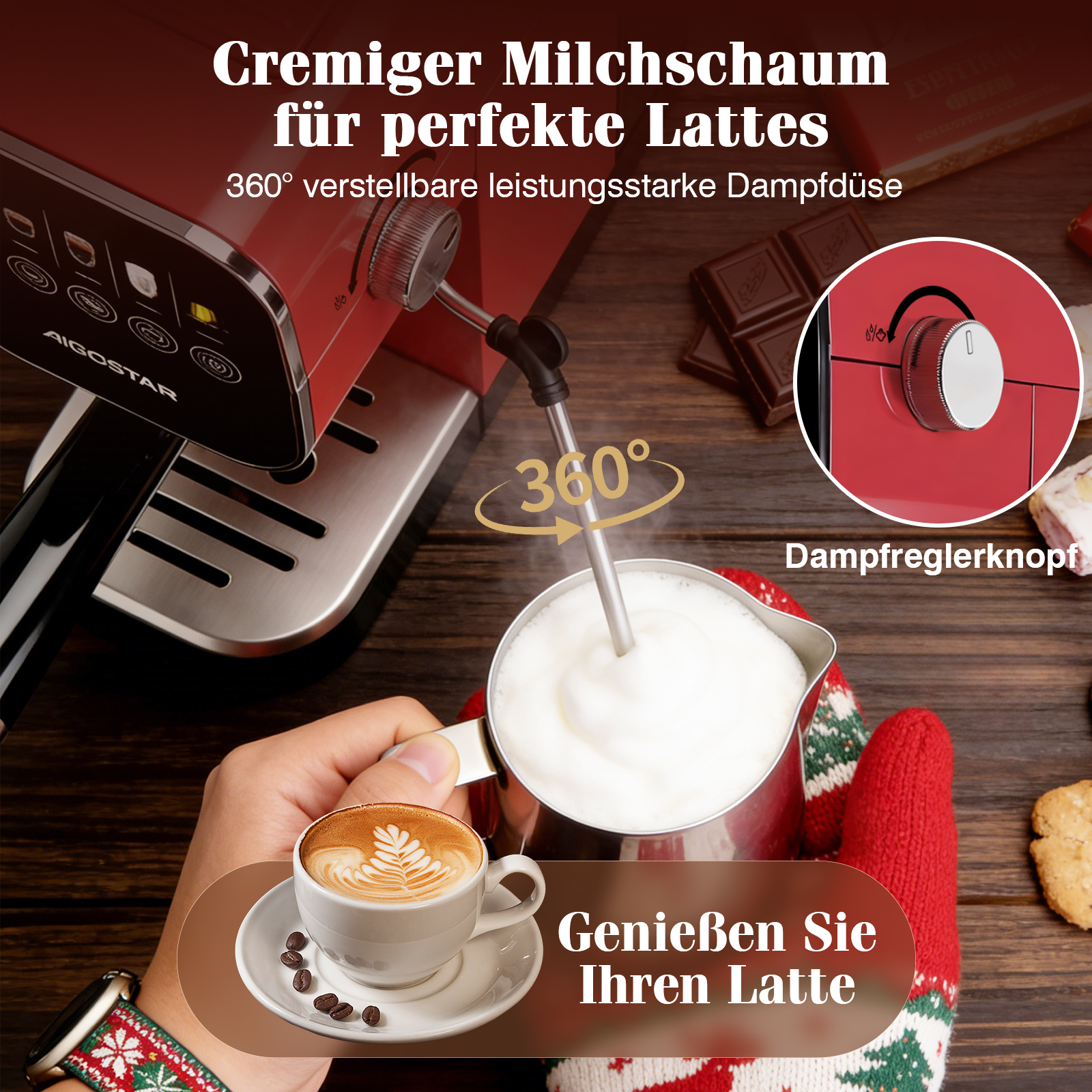 Eine rote Espressomaschine schäumt Milch auf. Ein Latte mit Kaffeebohnen ist im Vordergrund. Schokolade und ein Keks liegen auf dem Tisch.