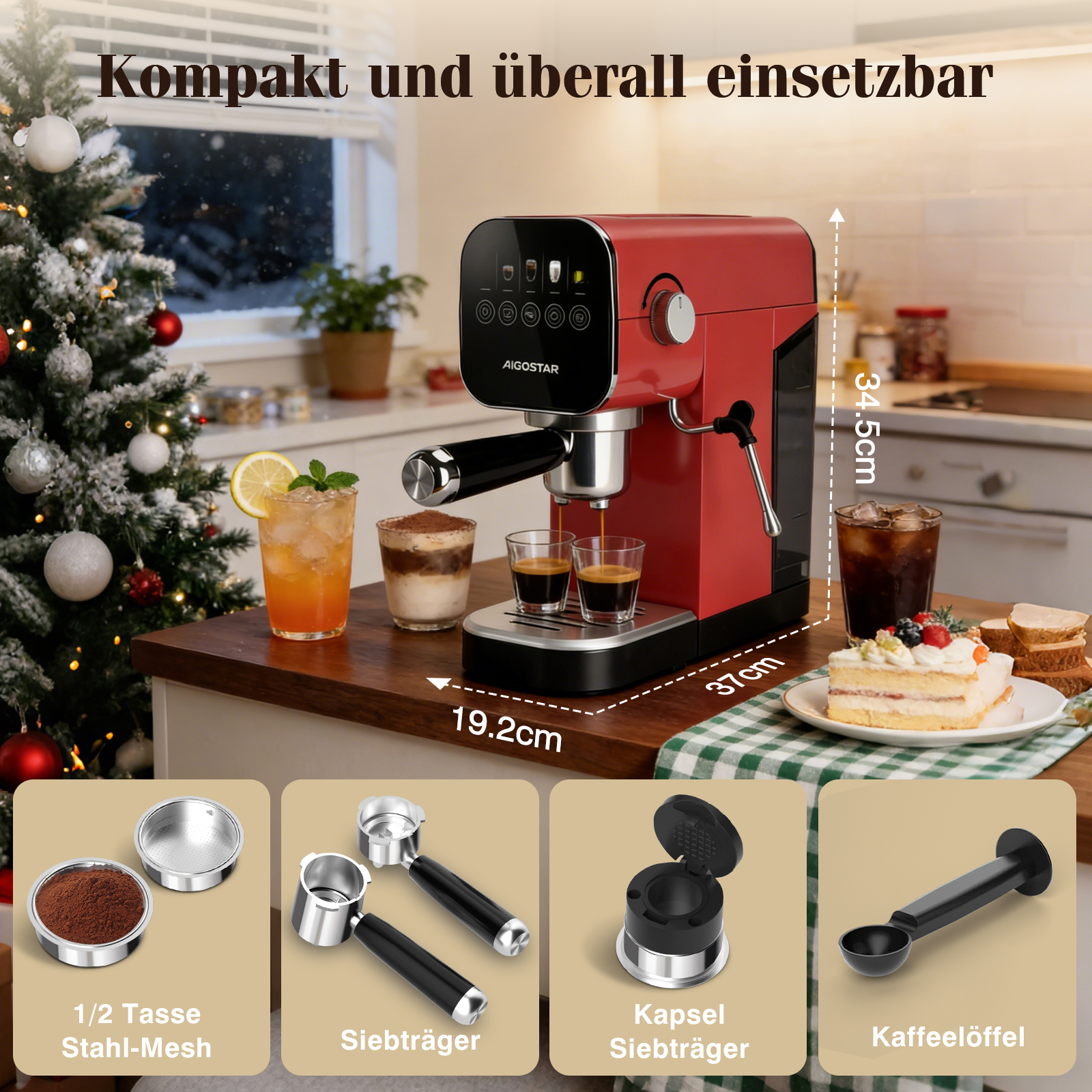 Rote AIGOSTAR Espressomaschine, Kaffeegetränke, Kuchen auf dem Tisch, Weihnachtsbaum im Hintergrund, Zubehör unten.