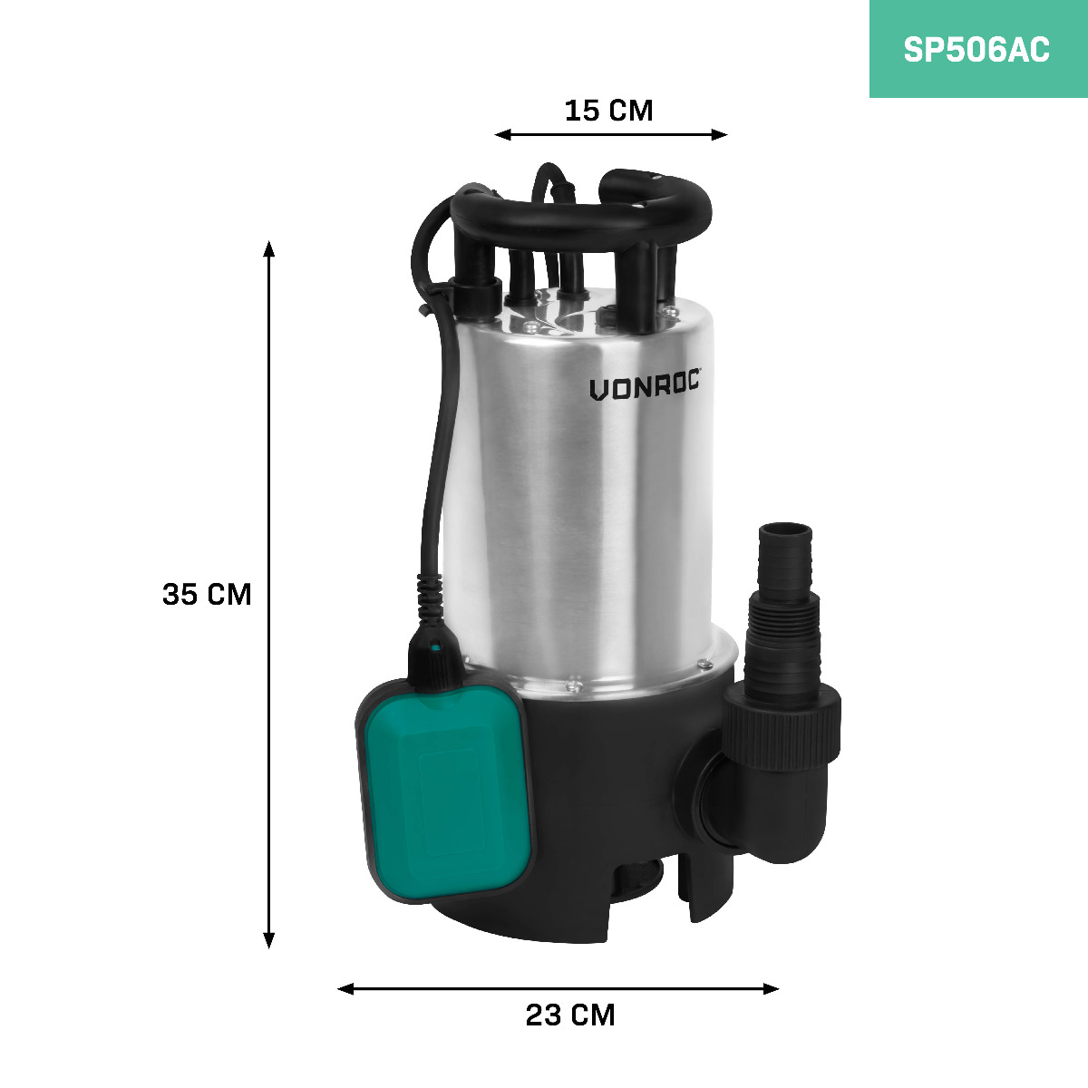 Een zilveren en zwarte waterpomp met groene vlotter. Afmetingen: 35 cm hoog, 23 cm breed en 15 cm breed aan de bovenkant.