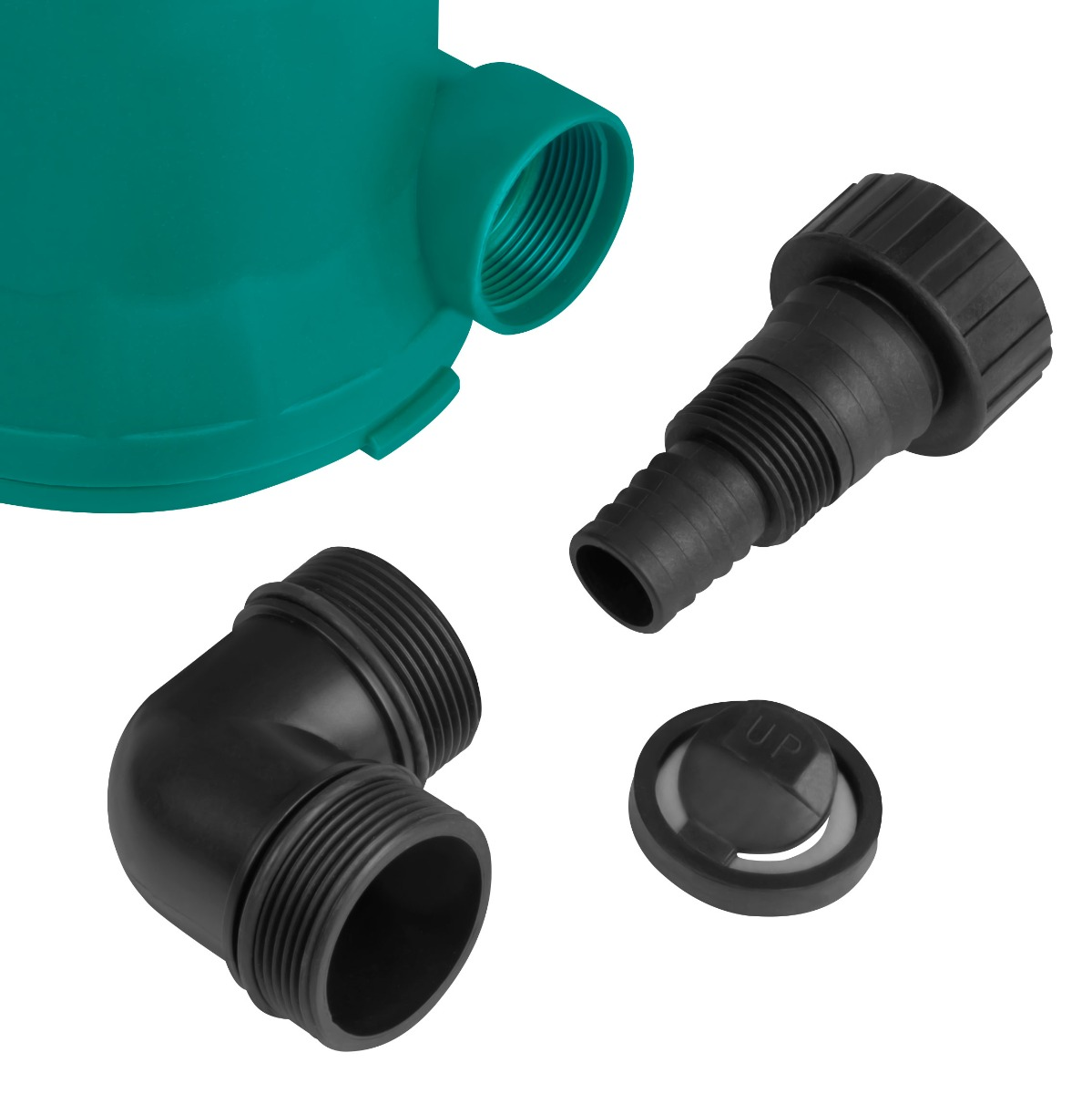 Een bovenaanzicht toont een groen plastic onderdeel met een schroefdraadopening en drie zwarte plastic onderdelen op een witte achtergrond.