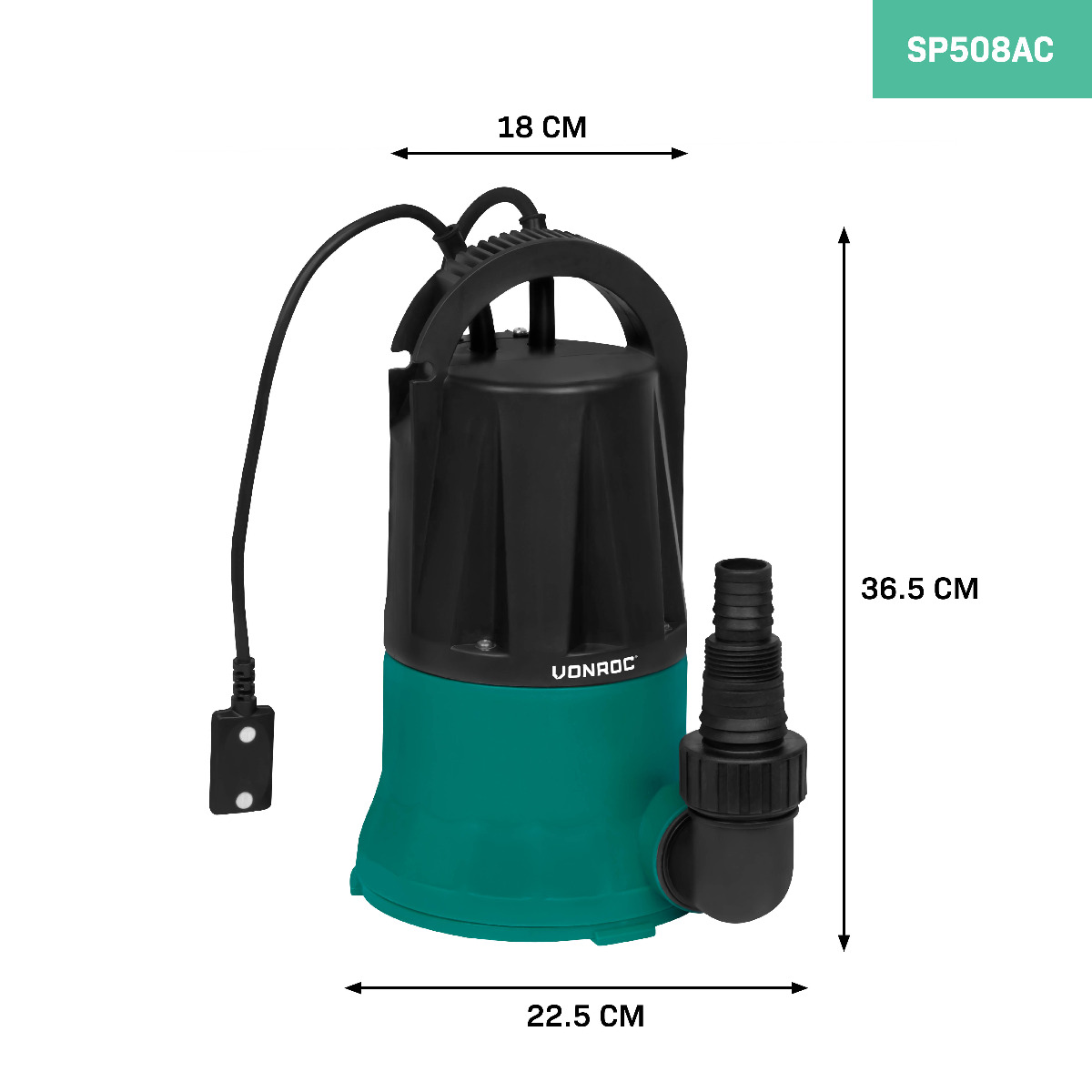 Een Vounroc dompelpomp in teal en zwart, met afmetingen aangegeven. Een zwarte kabel loopt naar een stekker. De productcode is SP508AC.