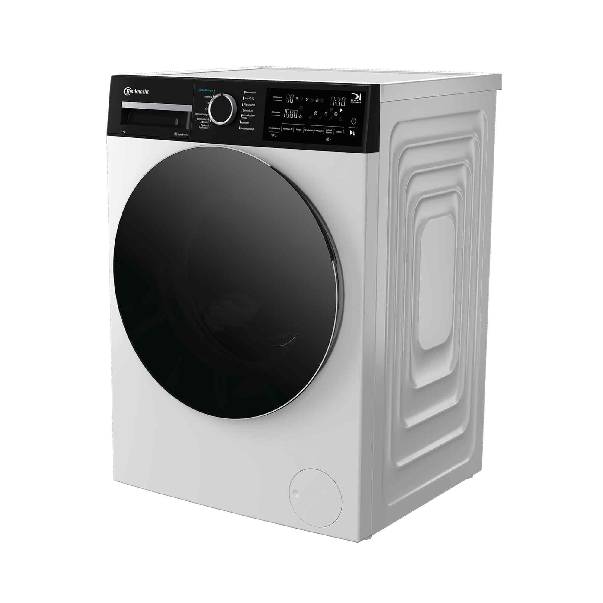Eine weiße Bauknecht Waschmaschine mit schwarzer Tür. Sie hat ein digitales Display und Bedienfeld.