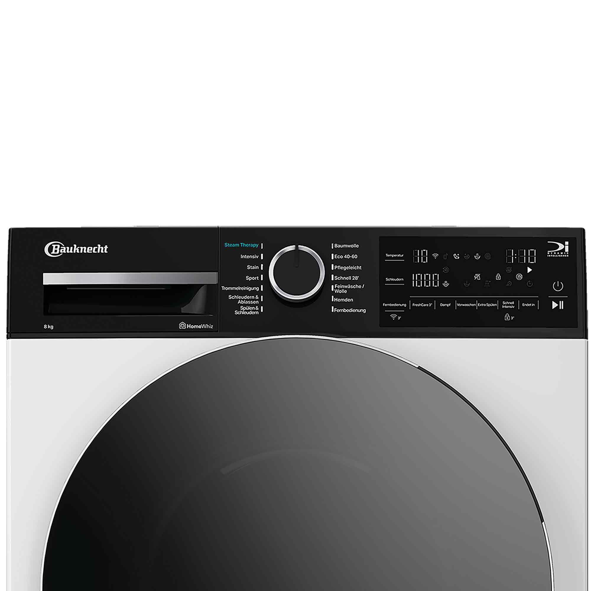 Eine Bauknecht Waschmaschine. Schwarzes Bedienfeld mit Bedienelementen. Digitalanzeigen. Große runde Tür.