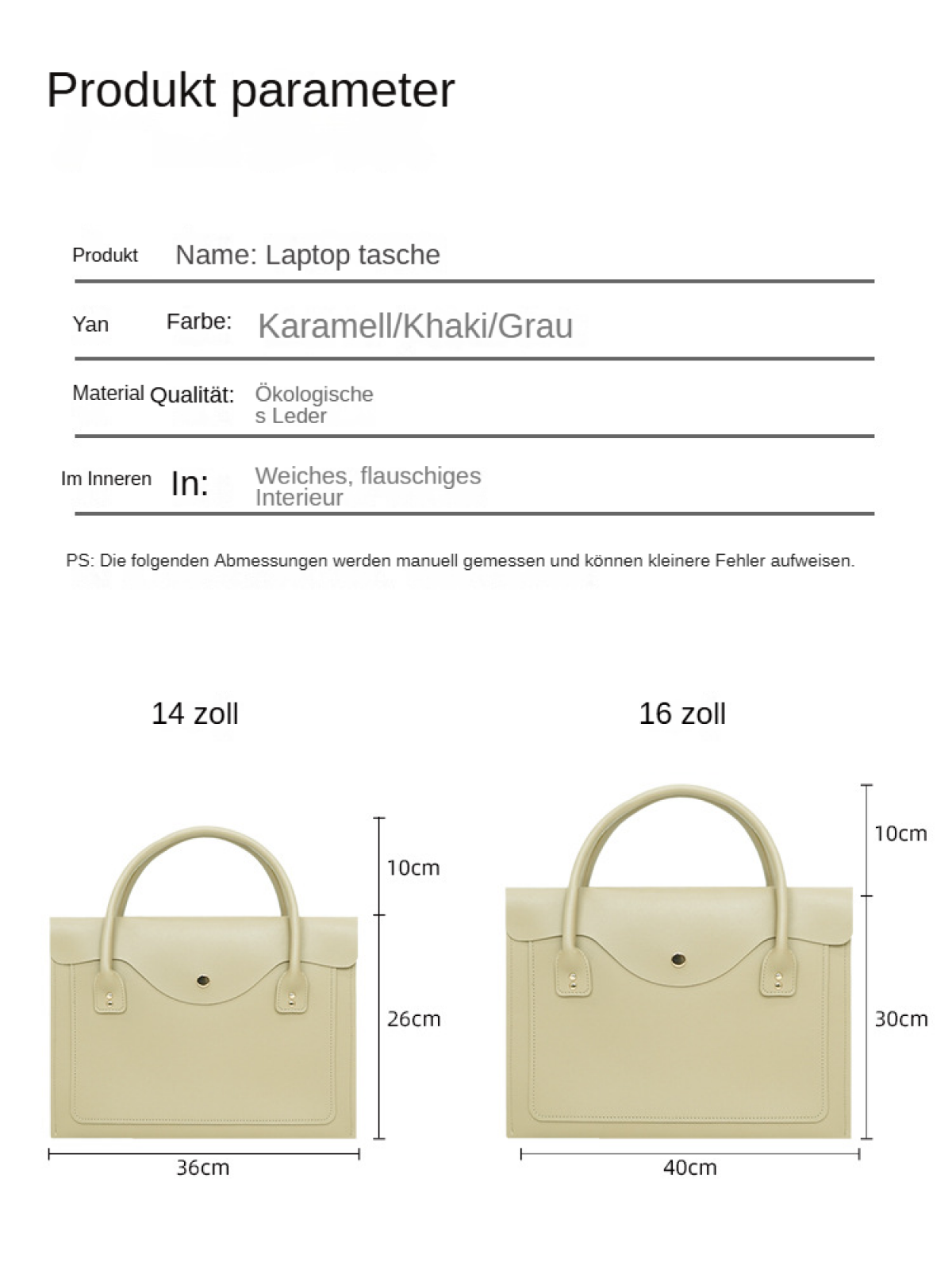 Das Bild zeigt eine Produkttabelle für eine Laptoptasche. Abmessungen sind für 14- und 16-Zoll-Taschen angegeben, einschließlich Höhe und Breite.