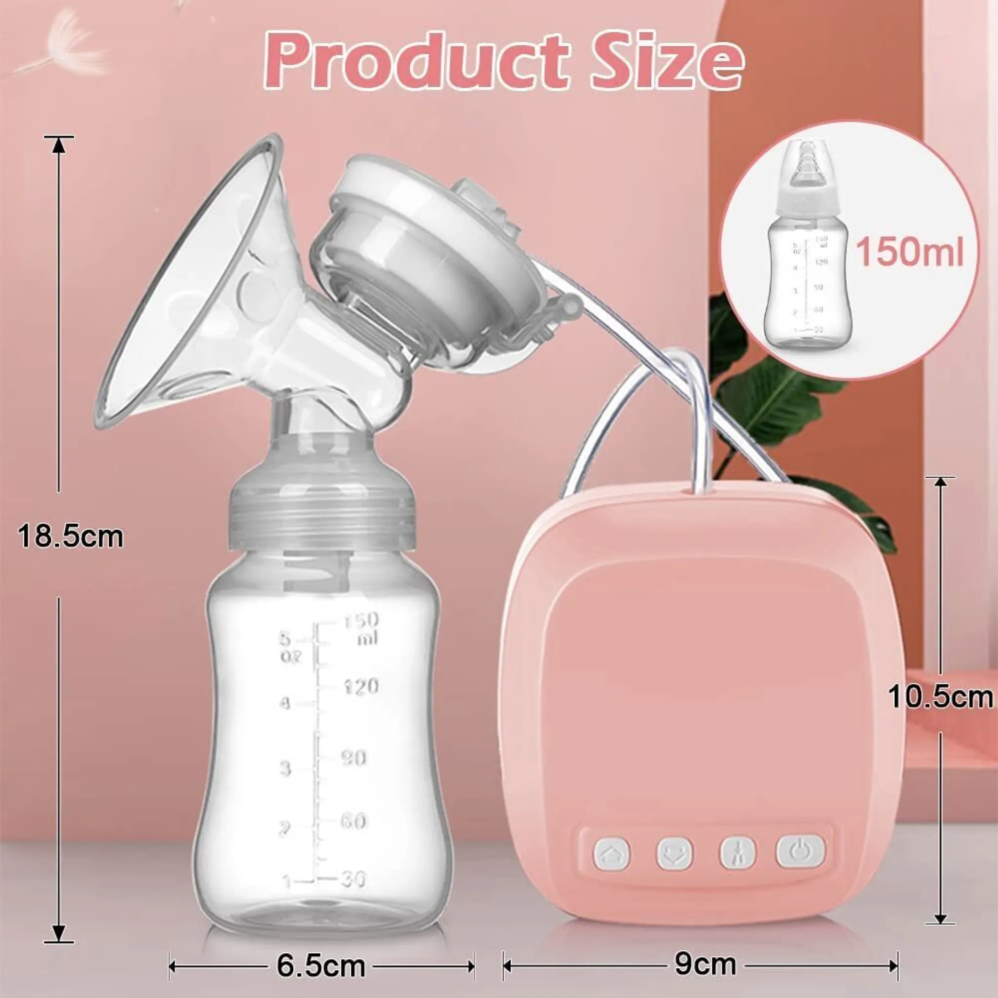 Eine Brustpumpe mit rosa Basis und klarer Flasche. Abmessungen werden angezeigt. Eine 150-ml-Flasche wird gezeigt.