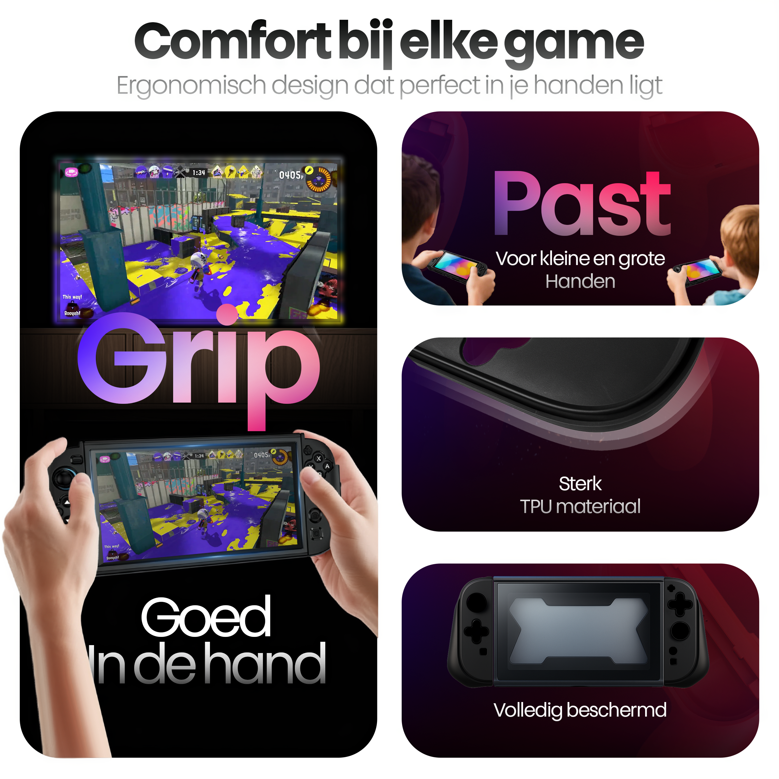 Image shows a black handheld gaming device. Text says 'Comfort' and 'Grip'. Also, it has information about the product.