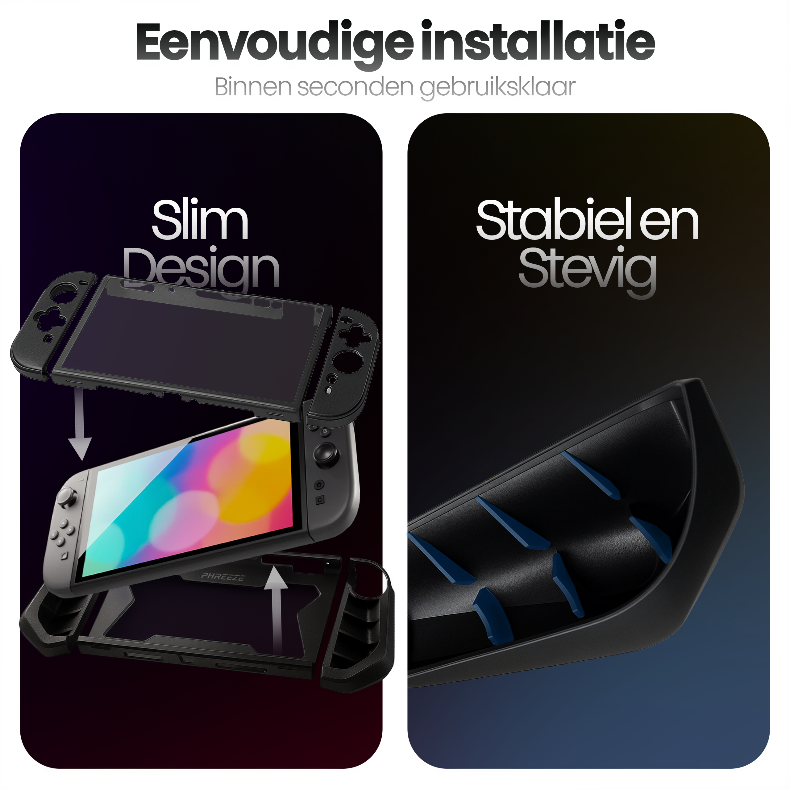 A Switch console is shown with a case. It highlights the design with the words 'Slim Design' and 'Stabiel en Stevig'.