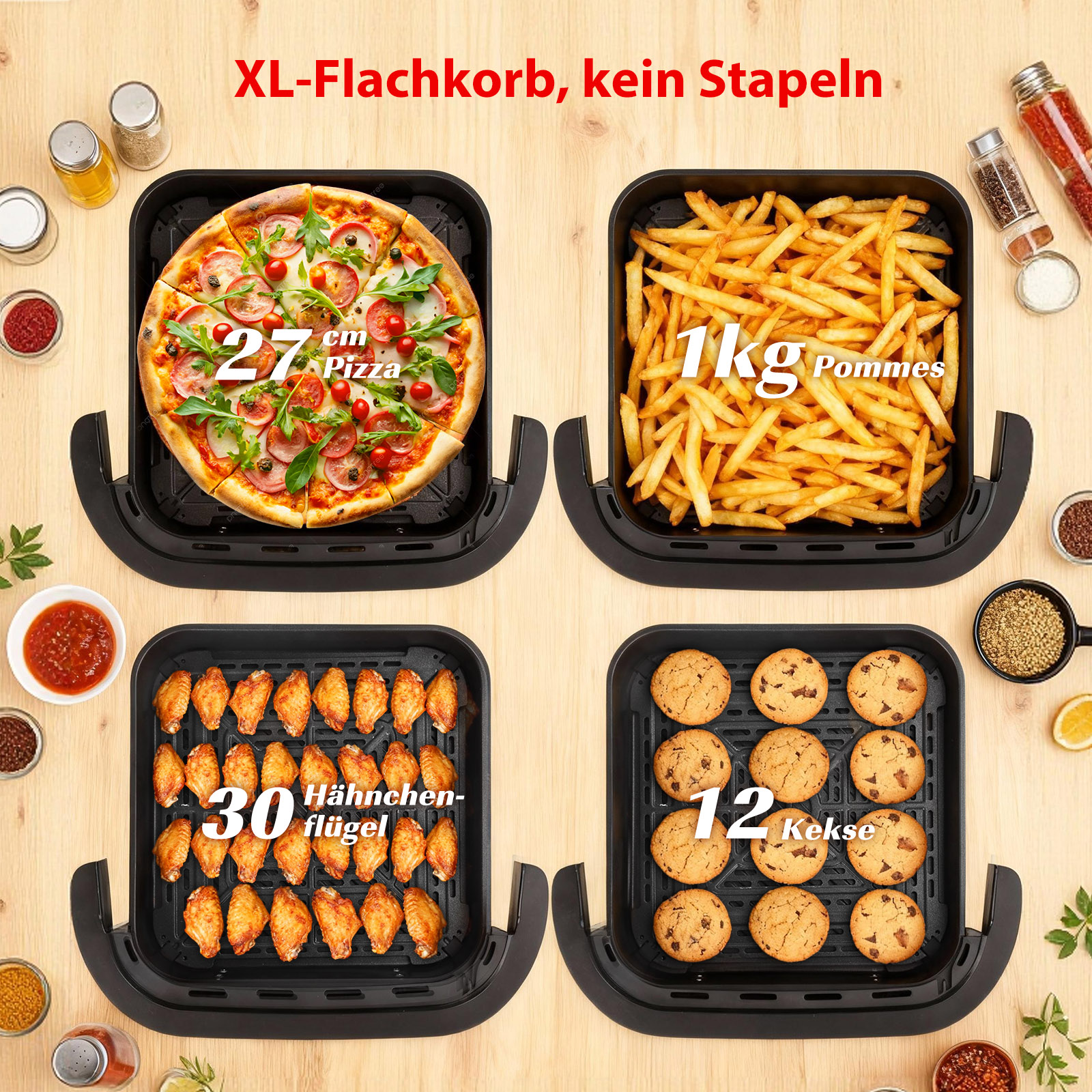 Das Bild zeigt Pizza, Pommes Frites, Hähnchenflügel und Kekse in vier Luftfritteusen-Körben, mit verschiedenen Zutaten.