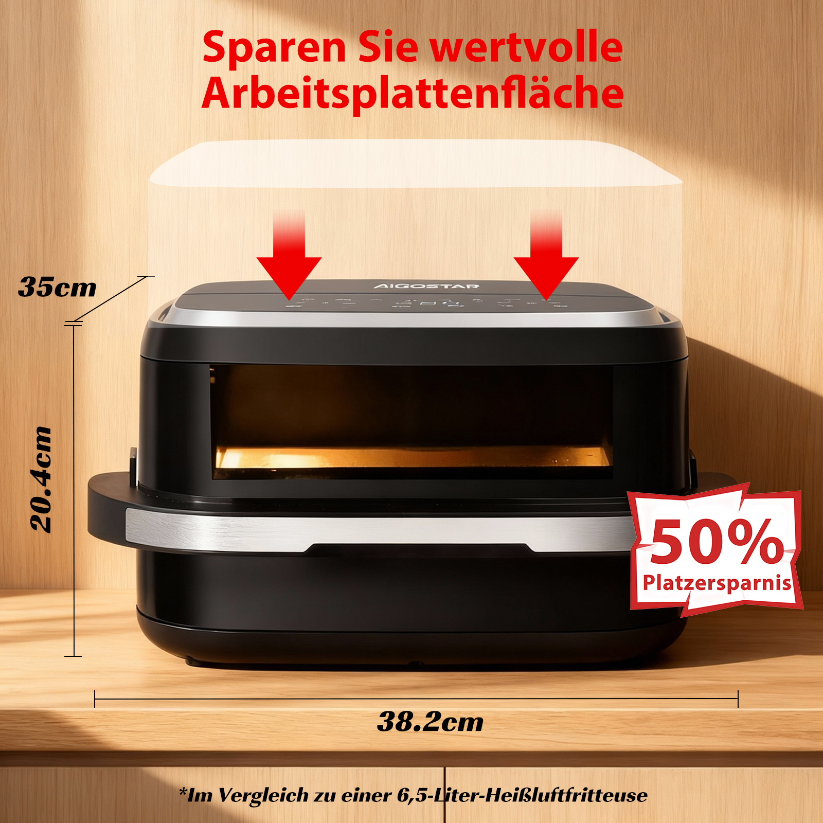 Ein schwarzer Airfryer mit Maßen. Text enthält 'Platz sparen' und eine 50 % Platzersparnis.