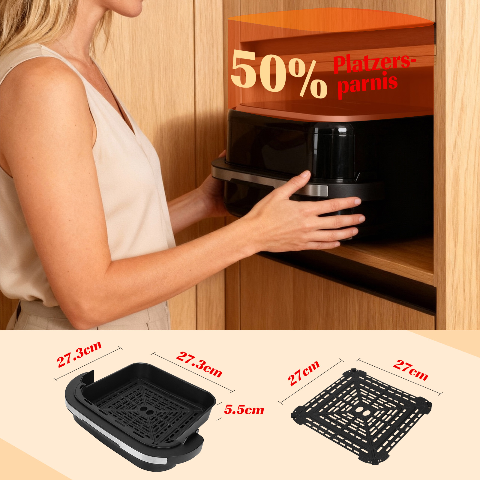 Eine Frau stellt einen schwarzen Airfryer in einen Holzschrank. Abmessungen der Frittierteile sind angegeben. 50% Rabatt Banner.