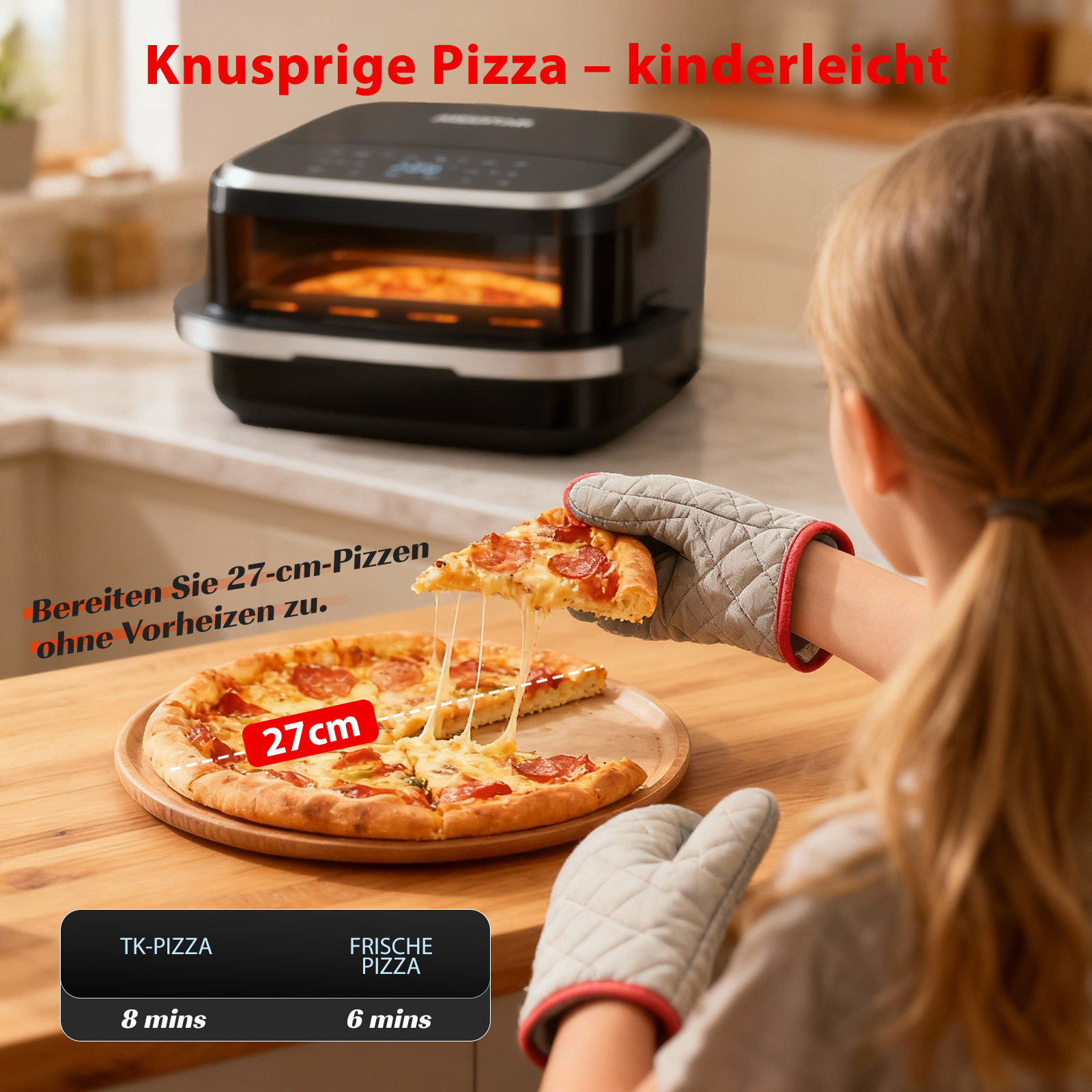 Ein Mädchen hält eine Pizzaschnitte mit geschmolzenem Käse. Pizza, Ofen und Text sind ebenfalls zu sehen.