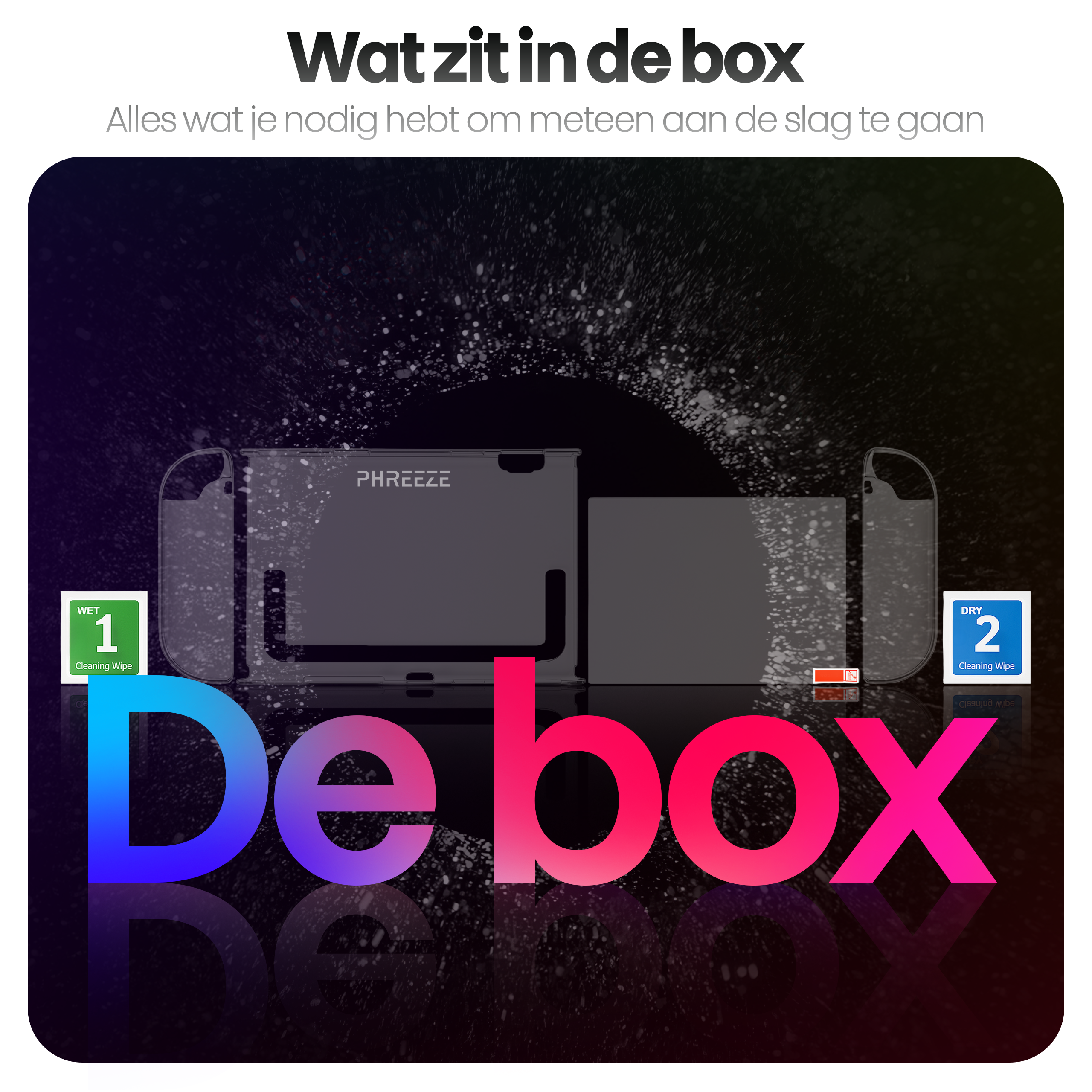 Image shows a box with text 'De box'. Includes cleaning wipes, a phone case, and the text 'Wat zit in de box'.