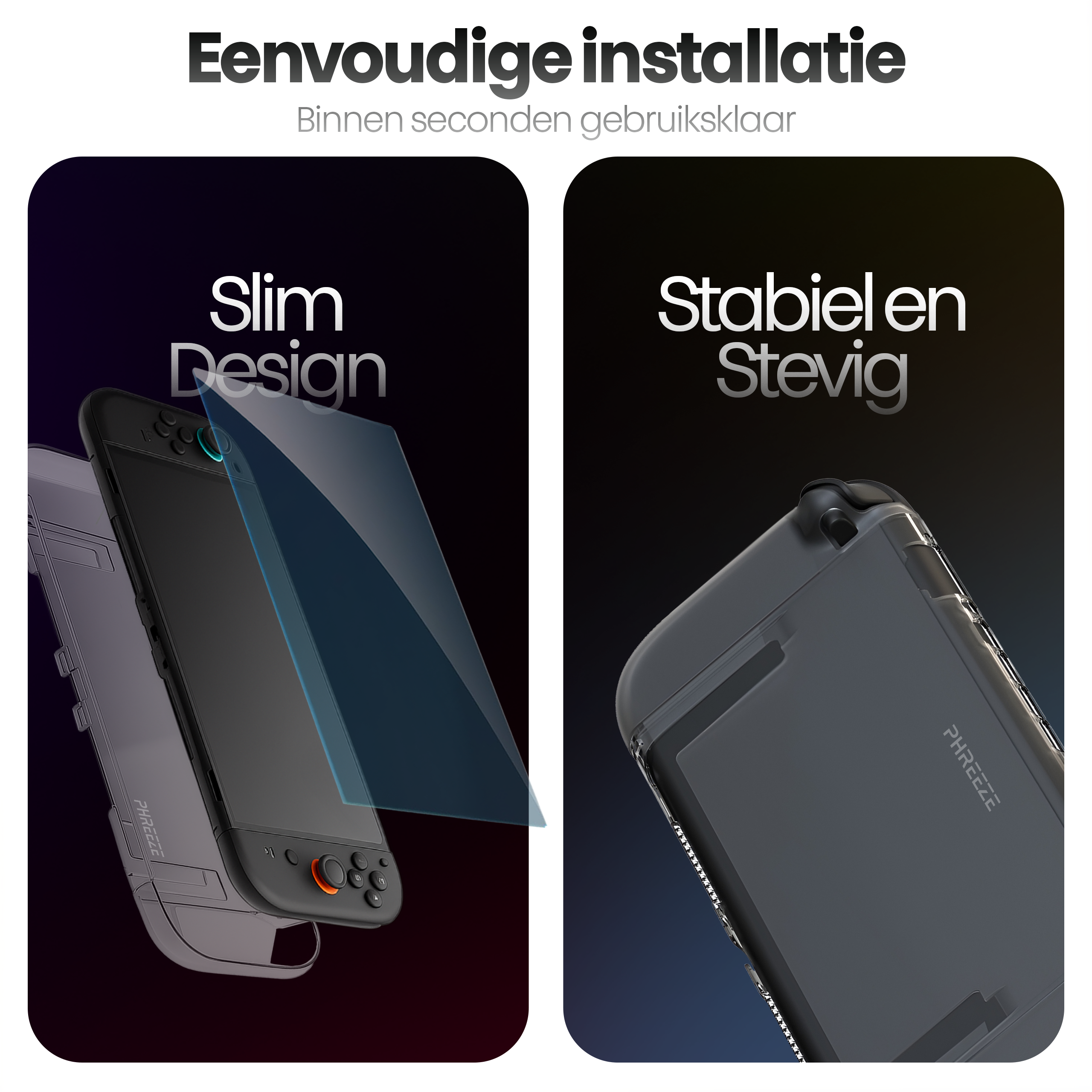 Image shows a black gaming device with a protective case. Text: Slim Design, Stabiel en Stevig.